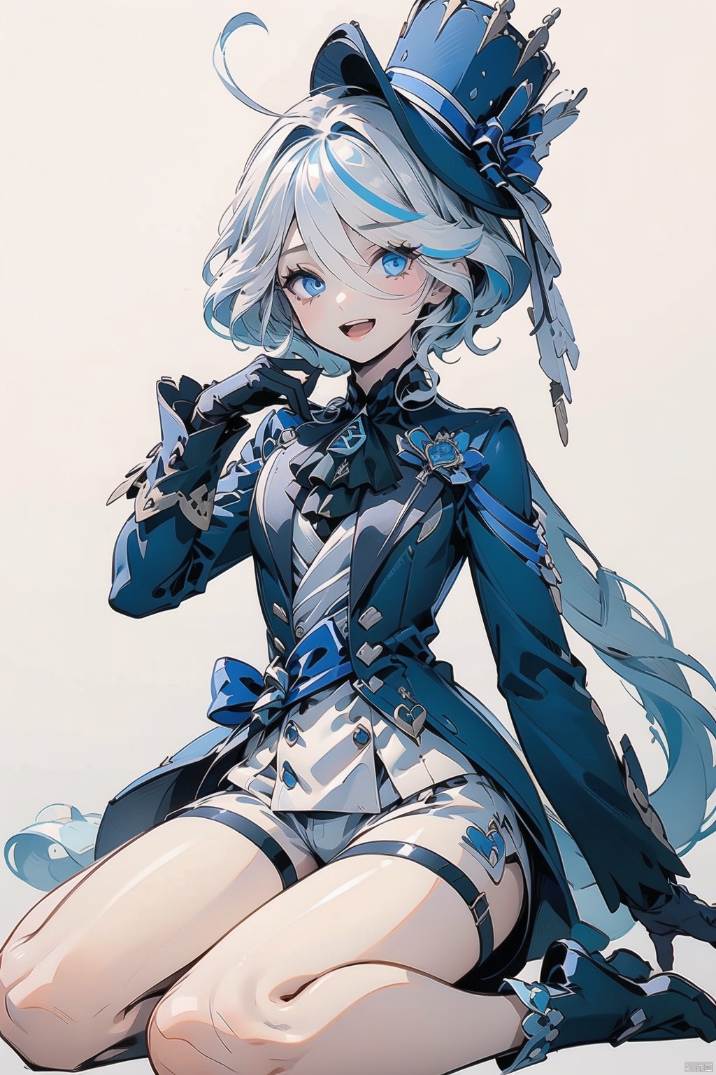 furina, 1girl, solo, gloves, single glove, white background, shorts, blue eyes, smile, long hair, hat, simple background, blue headwear, looking at viewer, sitting, open mouth, multicolored hair, ahoge, white shorts, black gloves, shirt, frilled sleeves, streaked hair, blue hair, long sleeves, hair between eyes, :d, ascot, jacket, top hat, brooch, very long hair, frills, white hair, hand up, bow, bangs, wariza, white shirt, short shorts
