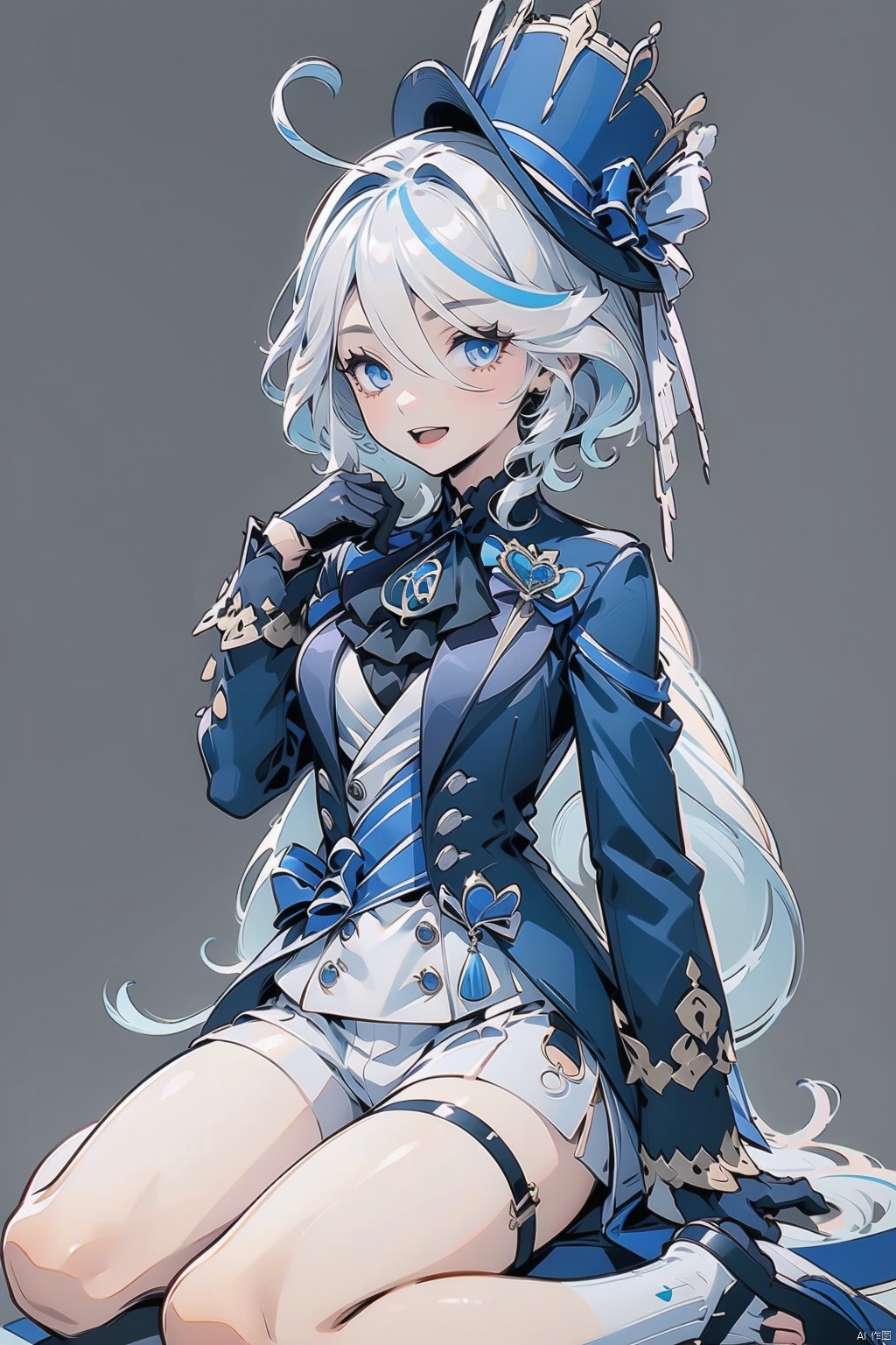 furina, 1girl, solo, gloves, single glove, white background, shorts, blue eyes, smile, long hair, hat, simple background, blue headwear, looking at viewer, sitting, open mouth, multicolored hair, ahoge, white shorts, black gloves, shirt, frilled sleeves, streaked hair, blue hair, long sleeves, hair between eyes, :d, ascot, jacket, top hat, brooch, very long hair, frills, white hair, hand up, bow, bangs, wariza, white shirt, short shorts
