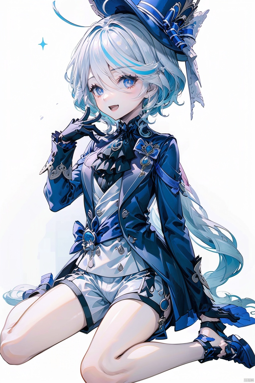 furina, 1girl, solo, gloves, single glove, white background, shorts, blue eyes, smile, long hair, hat, simple background, blue headwear, looking at viewer, sitting, open mouth, multicolored hair, ahoge, white shorts, black gloves, shirt, frilled sleeves, streaked hair, blue hair, long sleeves, hair between eyes, :d, ascot, jacket, top hat, brooch, very long hair, frills, white hair, hand up, bow, bangs, wariza, white shirt, short shorts
