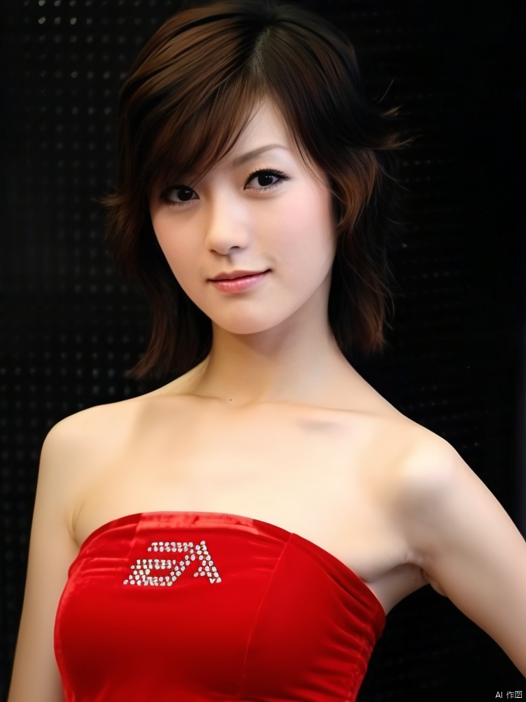 1girl, solo, realistic, blurry, photo_\(medium\), strapless, brown_hair, depth_of_field, short_hair, upper_body, 3d, looking_at_viewer, lips, brown_eyes, bare_shoulders, blurry_background, tube_top, nana