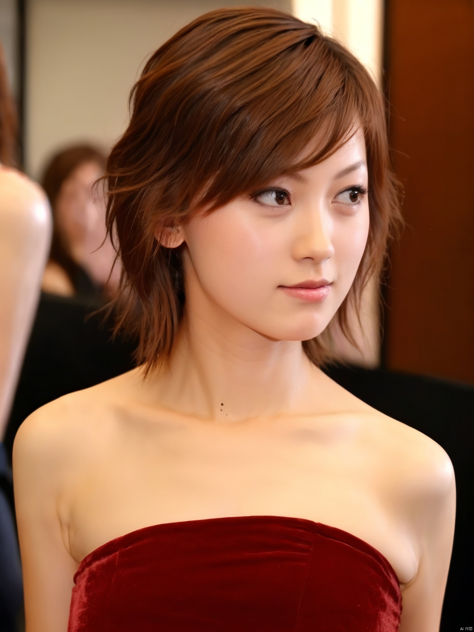 1girl, solo, realistic, blurry, photo_\(medium\), strapless, brown_hair, depth_of_field, short_hair, upper_body, 3d, looking_at_viewer, lips, brown_eyes, bare_shoulders, blurry_background, tube_top