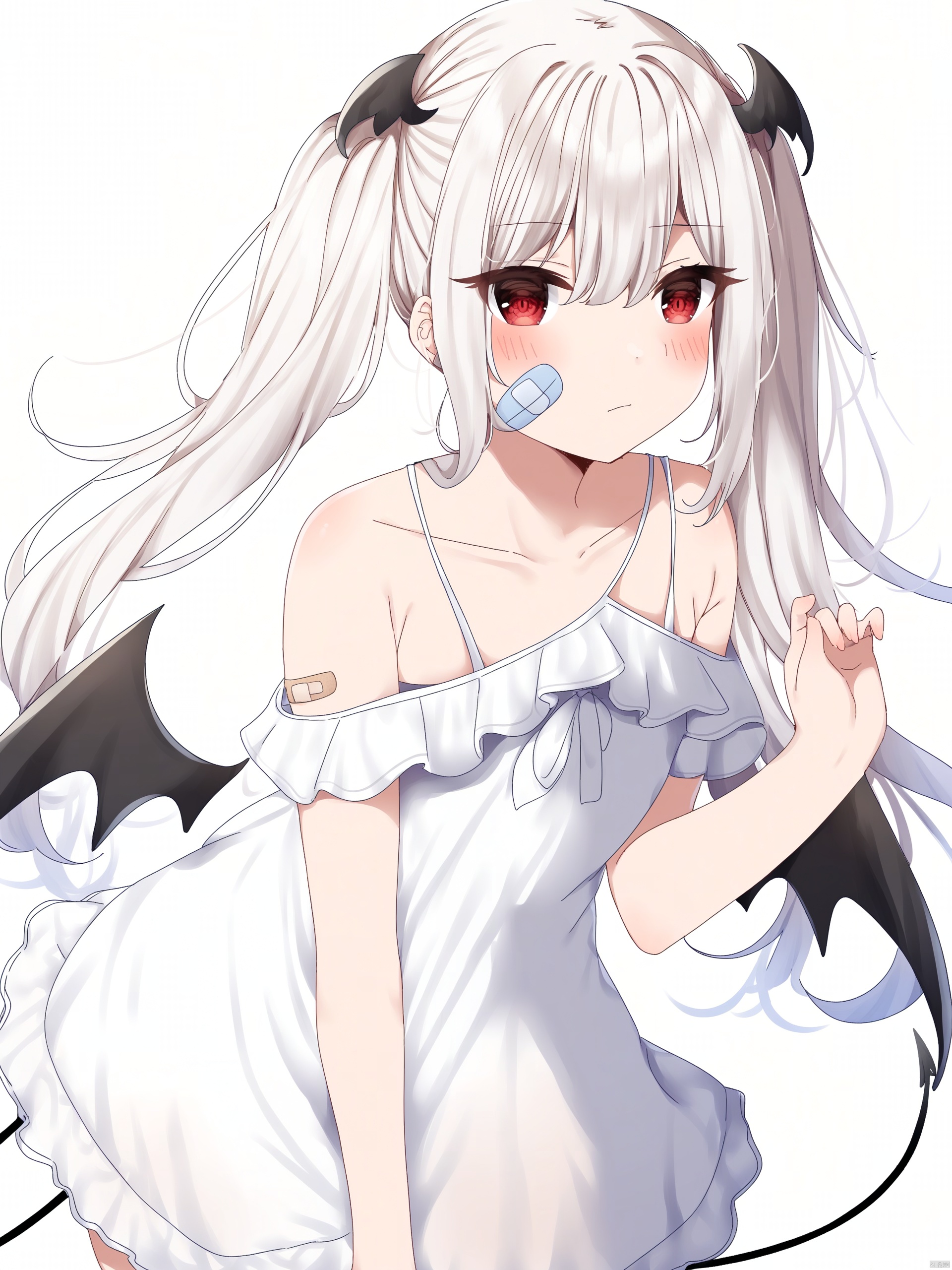 Best-A, e658d40f, 1girl, solo, dress, wings, white dress, long hair, demon tail, bandaid, closed mouth, bandaid on arm, off-shoulder dress, off shoulder, red eyes, bangs, hand up, bare shoulders, demon wings, tail, blush, twintails, very long hair, bandaid on cheek, collarbone, hair between eyes, white background, looking at viewer, bandaid on face, multicolored hair, low wings, head wings, white hair, demon girl, mini wings