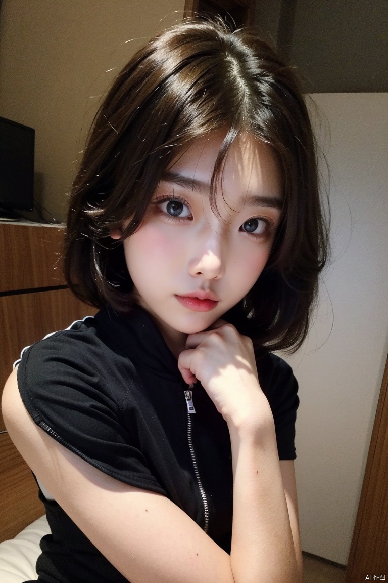  1girl,solo,shirt,1boy,male focus,looking at viewer,30 years old,face photo,narrow eyes,Chinese,black **** top,black jacket,brown hair,moyou
