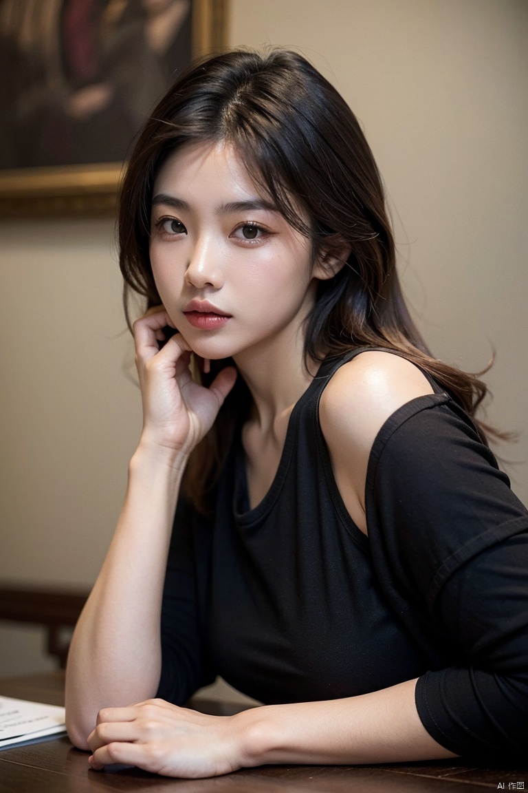  1girl,solo,shirt,1boy,male focus,looking at viewer,30 years old,face photo,narrow eyes,Chinese,black **** top,black jacket,brown hair,moyou