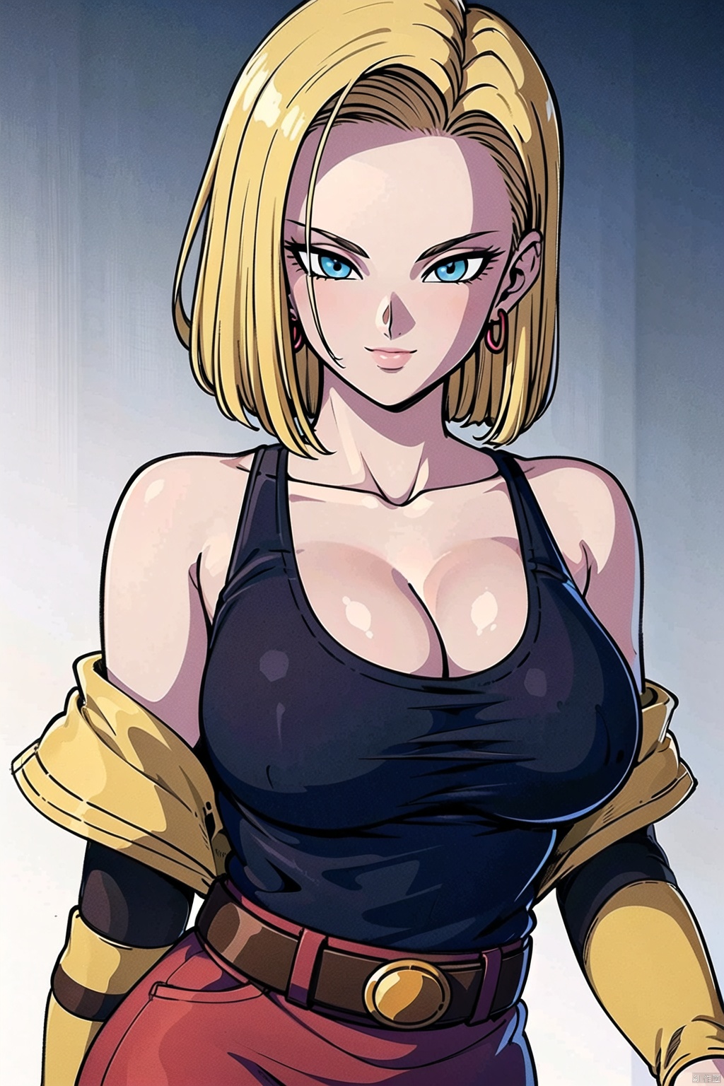  (White background :1.3),
1 girl, solo, chest, 30 years old, pretty, beautiful, smiling, camera focused on face, delicate face, looking at the audience,
(Short hair, big bust, short blonde hair, blue eyes, Jacket, Top, cleavage, off-the-shoulder, black shirt, **** Top, hip skirt, Delicate clothes, Jewelry, earrings, android 18:1.3)
High resolution, Master Painting, CG, Wallpaper, Super Detail, Intricate Detail, Masterpiece, 8k, Contrast, Smooth, bright picture, Soft picture, Rembrandt Lighting, Amazing, Manga style, Manga, Anime, Game CG,18hao, seductive eyes