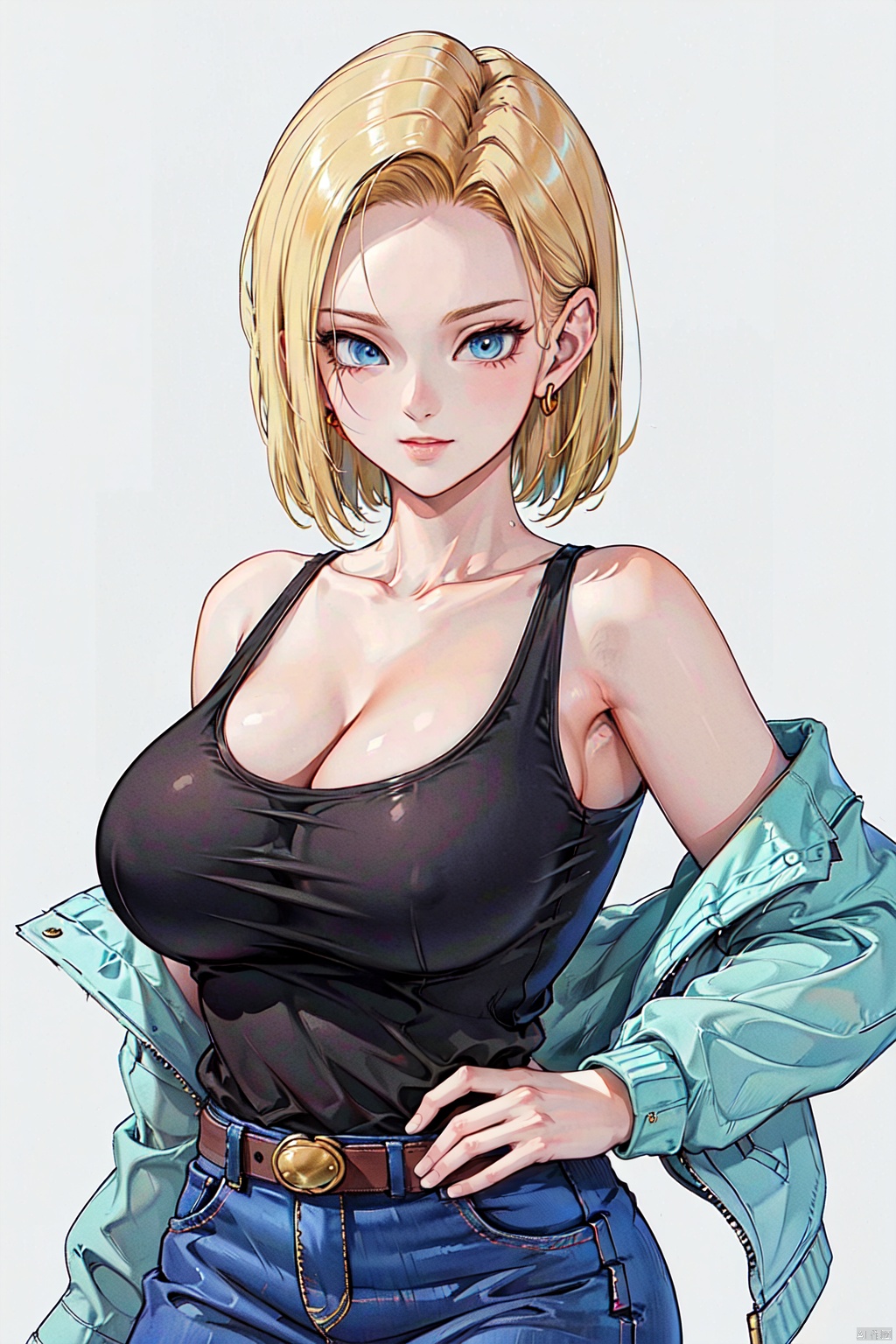  (White background :1.3),
1 girl, solo, chest, 30 years old, pretty, beautiful, smiling, camera focused on face, delicate face, looking at the audience,
(Short hair, big bust, short blonde hair, blue eyes, Jacket, Top, cleavage, off-the-shoulder, black shirt, **** Top, hip skirt, Delicate clothes, Jewelry, earrings, android 18:1.3)
High resolution, Master Painting, CG, Wallpaper, Super Detail, Intricate Detail, Masterpiece, 8k, Contrast, Smooth, bright picture, Soft picture, Rembrandt Lighting, Amazing, Manga style, Manga, Anime, Game CG,18hao, seductive eyes