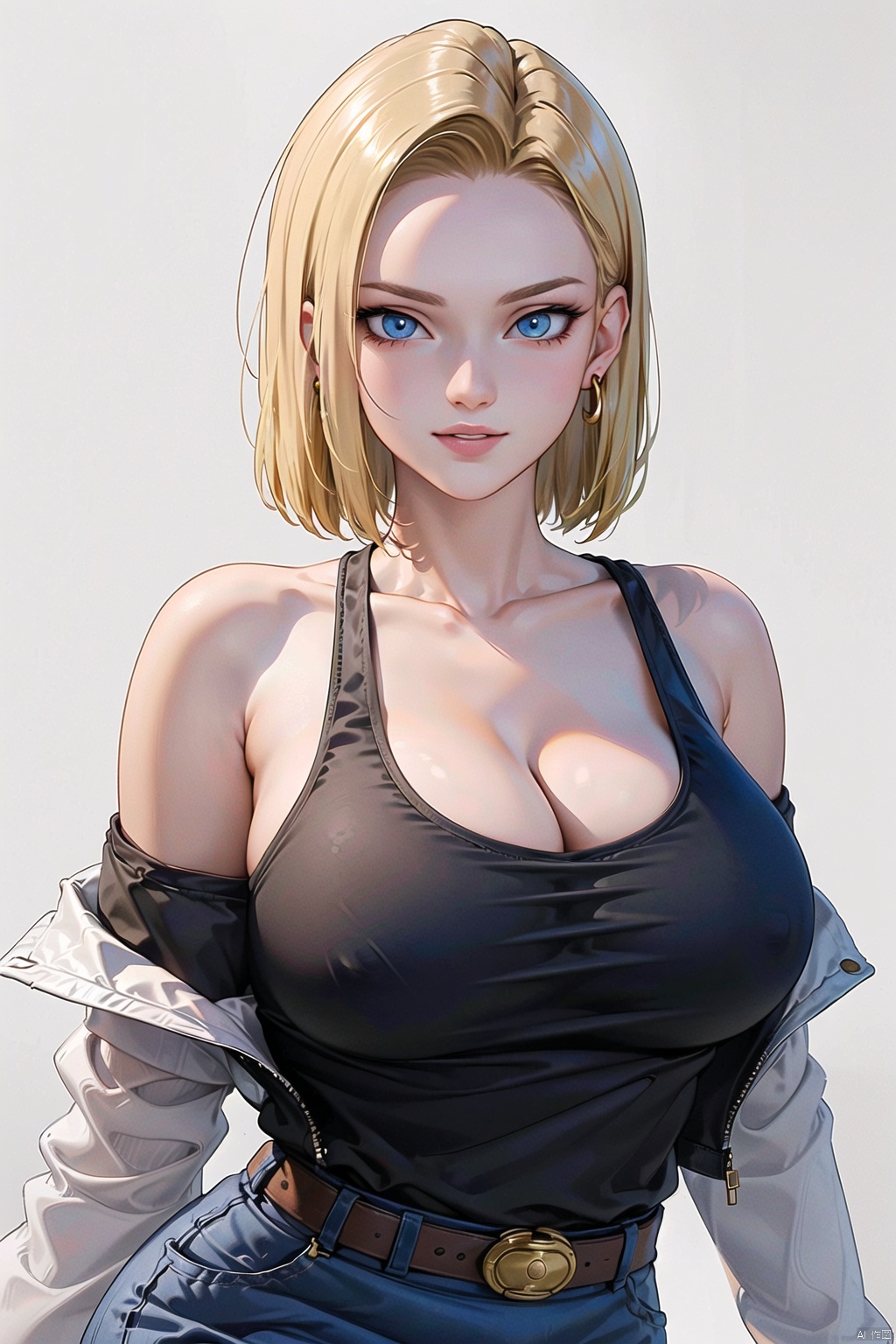 (White background :1.3),
1 girl, solo, chest, 30 years old, pretty, beautiful, smiling, camera focused on face, delicate face, looking at the audience,
(Short hair, big bust, short blonde hair, blue eyes, Jacket, Top, cleavage, off-the-shoulder, black shirt, **** Top, hip skirt, Delicate clothes, Jewelry, earrings, android 18:1.3)
High resolution, Master Painting, CG, Wallpaper, Super Detail, Intricate Detail, Masterpiece, 8k, Contrast, Smooth, bright picture, Soft picture, Rembrandt Lighting, Amazing, Manga style, Manga, Anime, Game CG,18hao