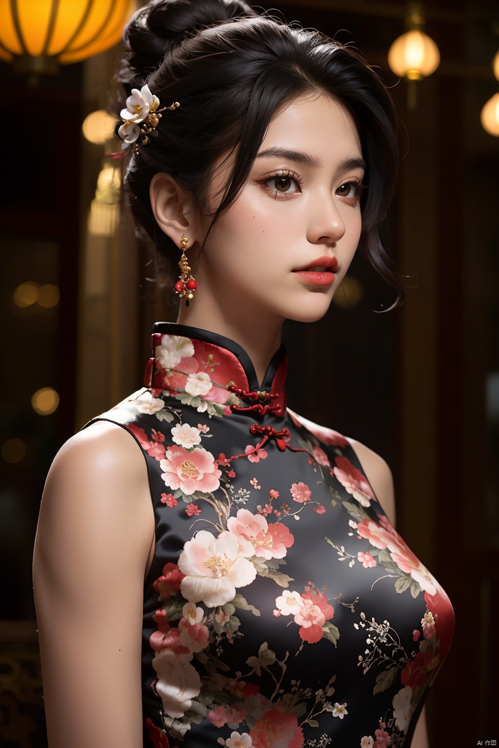 qp, 1girl, solo, chinese clothes, dress, black hair, china dress, brown eyes, floral print, looking to the side, realistic, upper body, red lips, looking away, sleeveless, lips, flower, lipstick, makeup, hair ornament, sleeveless dress, short hair, blurry