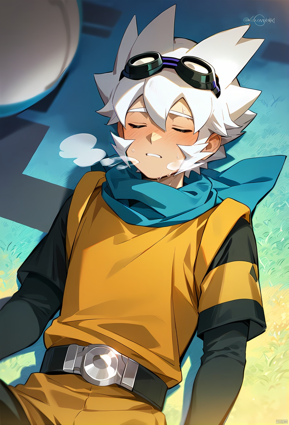  (zPDXL),score_9, score_8_up, score_7_up, rating explicit, 1boy, male focus, strong,white hair,goggles on head, sportswear,blush, breathe deeply,eyes closed,sweaty,wet clothes,fingerless gloves,scarf,laying on the ground,posing,a soccer ball beside him,best quality, amazing quality, best aesthetic, absurdres, year 2023,simeon_ina