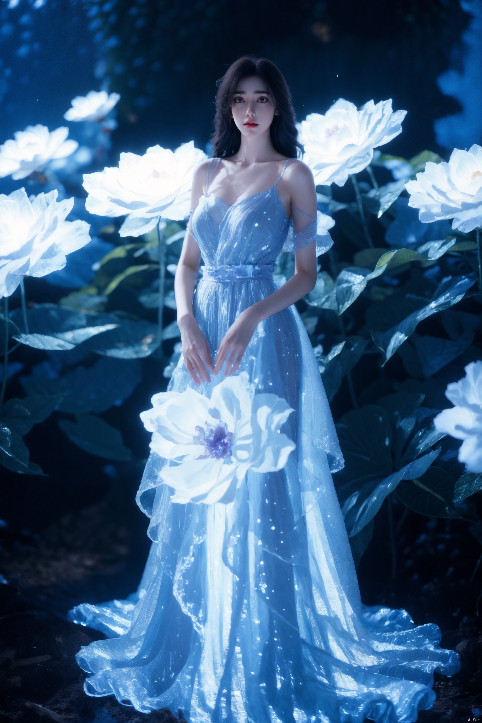  Best quality, masterpieces, surrealism, faguang,purple hair,1girl, solo, long hair, black hair, dress, bare shoulders, brown eyes, standing, full body, flower, (blue dress:1.3),(white flower:1.3),(sparkle:1.3), purple hair