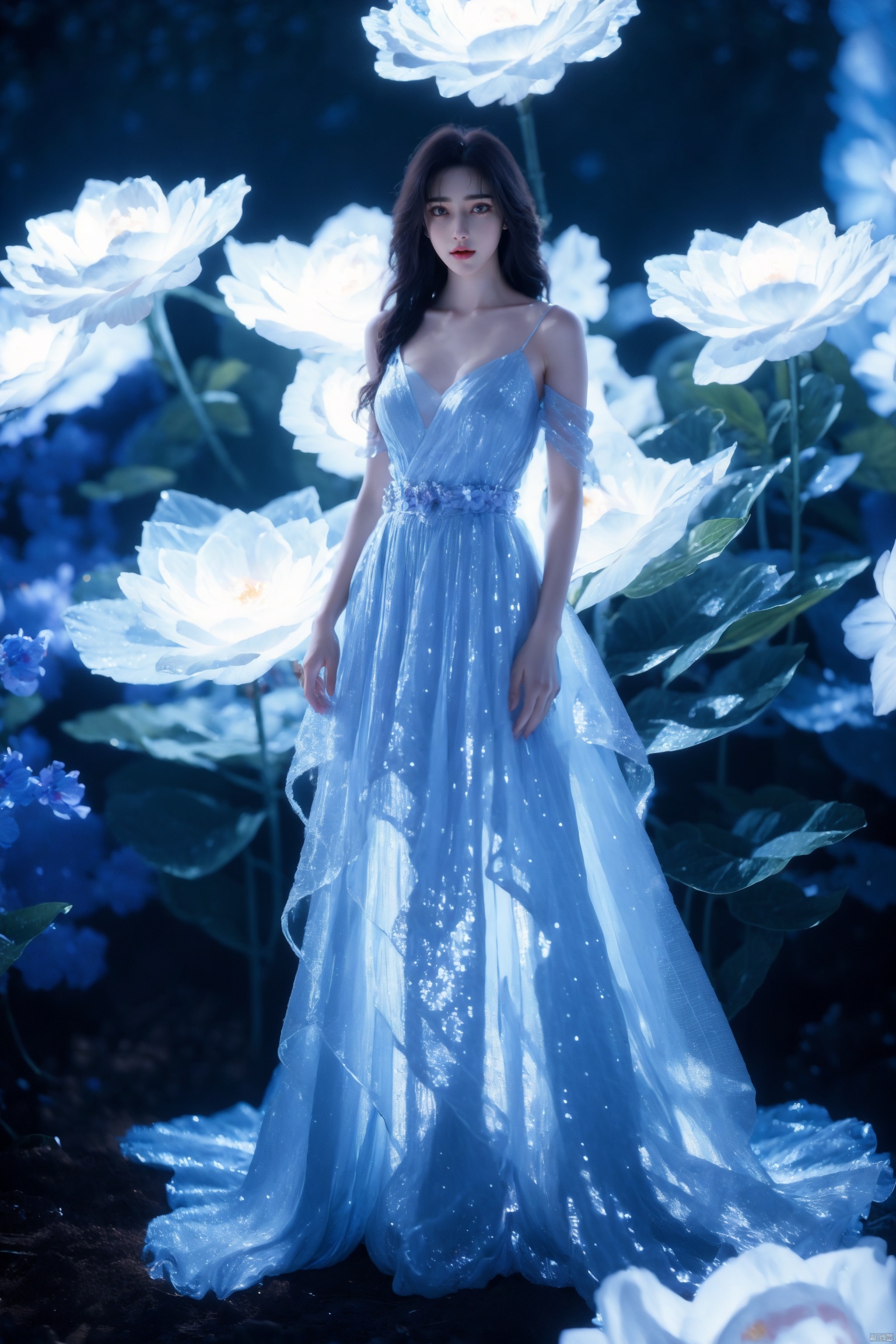  Best quality, masterpieces, surrealism, faguang,purple hair,1girl, solo, long hair, black hair, dress, bare shoulders, brown eyes, standing, full body, flower, (blue dress:1.3),(white flower:1.3),(sparkle:1.3), purple hair