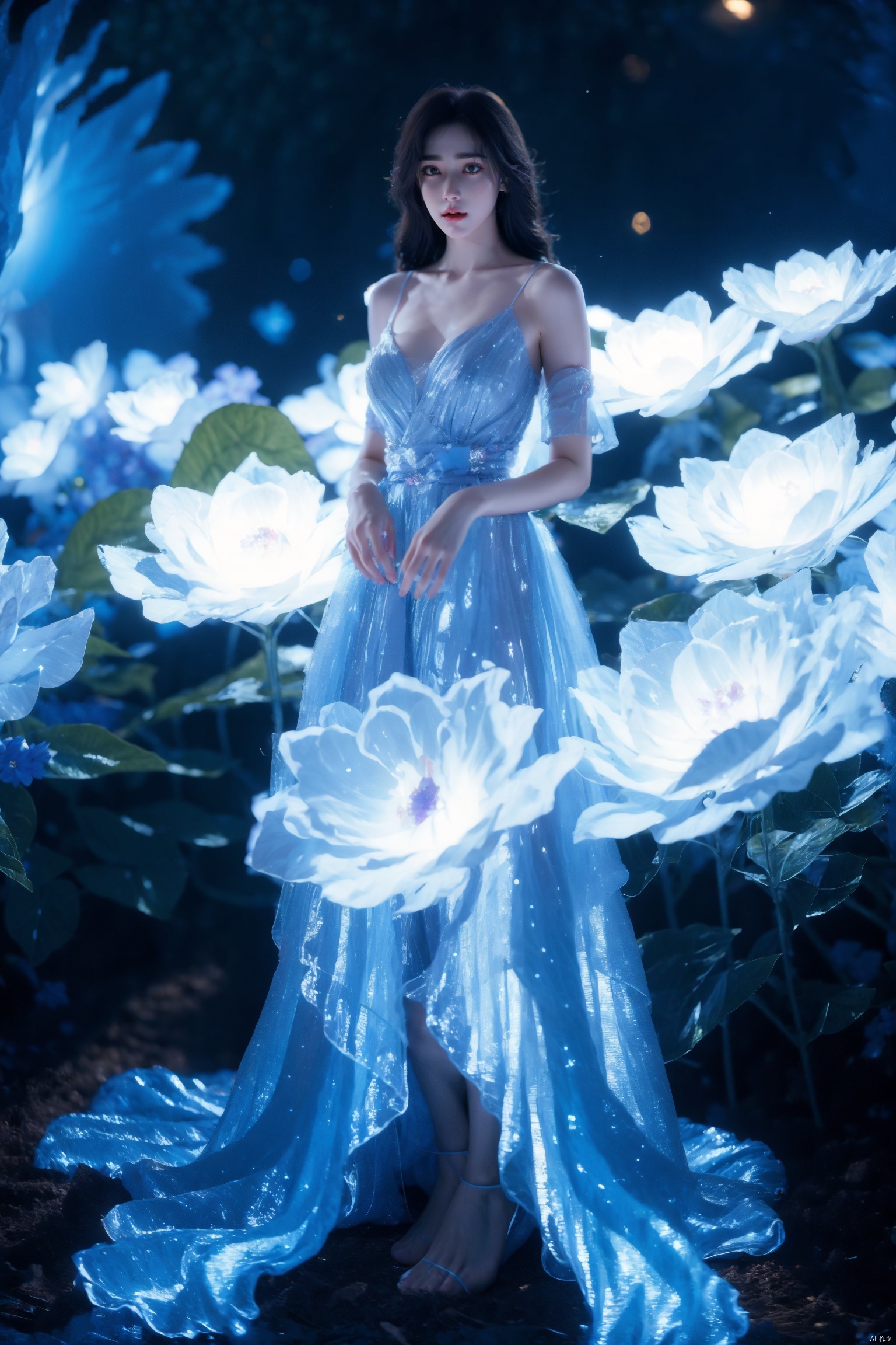  Best quality, masterpieces, surrealism, faguang,purple hair,1girl, solo, long hair, black hair, dress, bare shoulders, brown eyes, standing, full body, flower, (blue dress:1.3),(white flower:1.3),(sparkle:1.3), purple hair