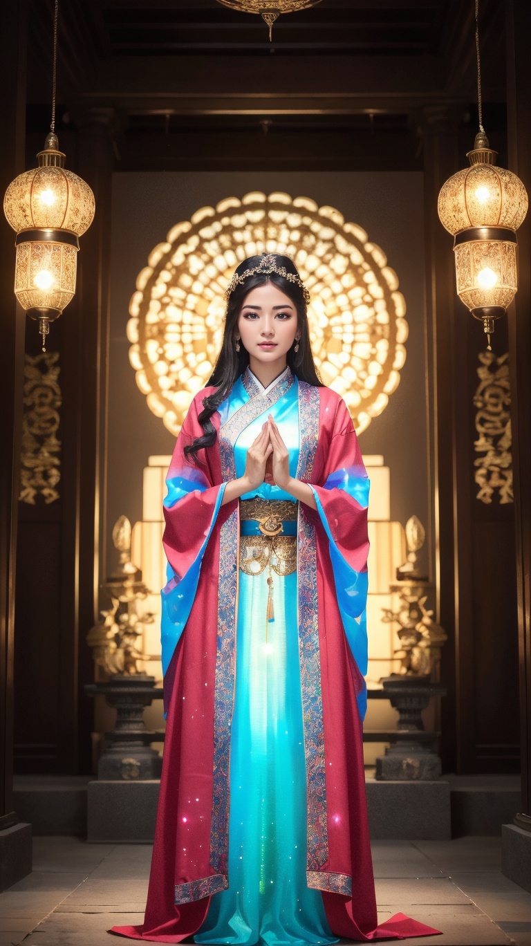 In front of the temple,  a girl wearing red oriental art clothing projected a huge light green hologram from her hands,  c...