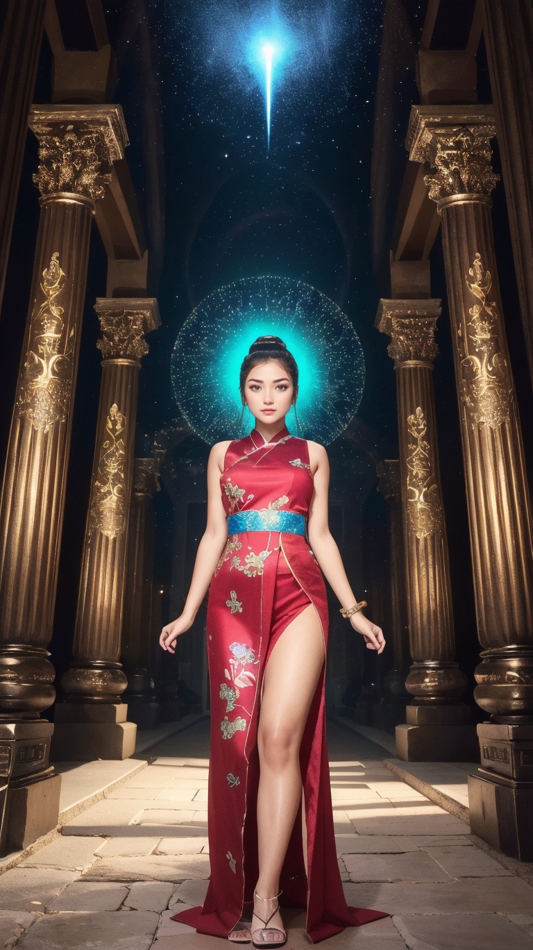 In front of the temple,  a girl wearing red oriental art clothing projected a huge light green hologram from her hands,  c...