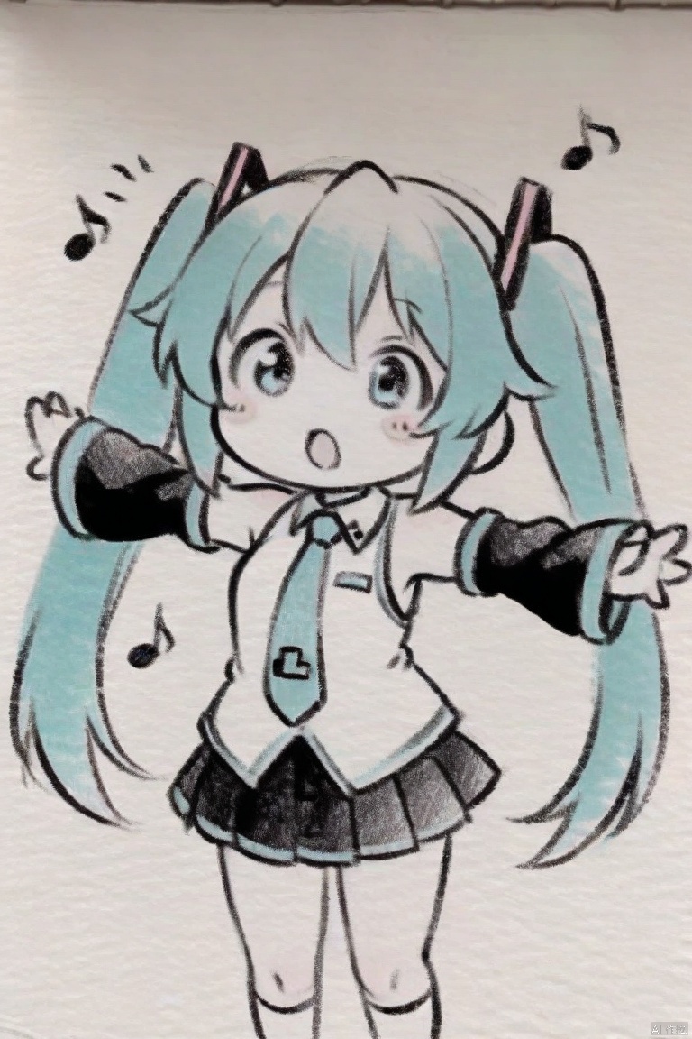  traditional media, monochrome, greyscale,masterpiece, best quality, 1girl, hatsune miku, twintails, necktie, solo, skirt, shirt, aqua hair, black skirt, aqua eyes, detached sleeves, long hair, sleeveless, white shirt, open mouth, white background, aqua necktie, black sleeves, sleeveless shirt, outstretched arms, very long hair, blush stickers, pleated skirt, hair ornament, miniskirt, bare shoulders, musical note