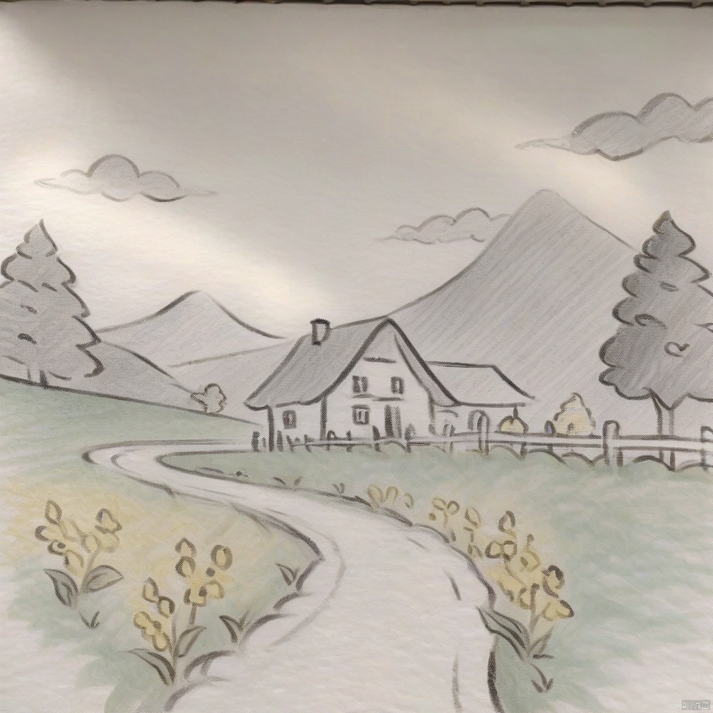 traditional media, monochrome, greyscale,masterpiece, best quality, a peaceful rural scene, There's a wooden house on the right side, surrounded by lush green fields dotted with yellow flowers, A wooden fence runs along the field, and a pathway leads to the house, In the background, there are clouds in the sky and a mountain in the distance, The art style appears to be impressionist, characterized by soft brushstrokes and a focus on the interplay of light and shadow, 