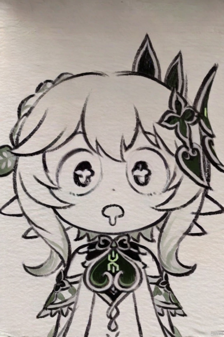 traditional media, monochrome,masterpiece, best quality, extremely detailed 8k wallpaper, big love shaped eye, mouth open, drooling, chibi, solo, cute, close up, big head, upper body, detailed face, nahida_\(genshin_impact\), looking at viewer, white background, simple background,