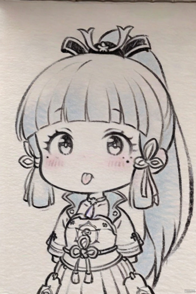 traditional media, monochrome, greyscale,masterpiece, best quality, chibi, 1girl, kamisato ayaka, solo, bangs, open mouth, tongue, blunt bangs, tongue out, hair ribbon, simple background, yellow background, ribbon, long hair, ponytail, blush, mole under eye, blue hair, tress ribbon, hair ornament, mole, sidelocks
