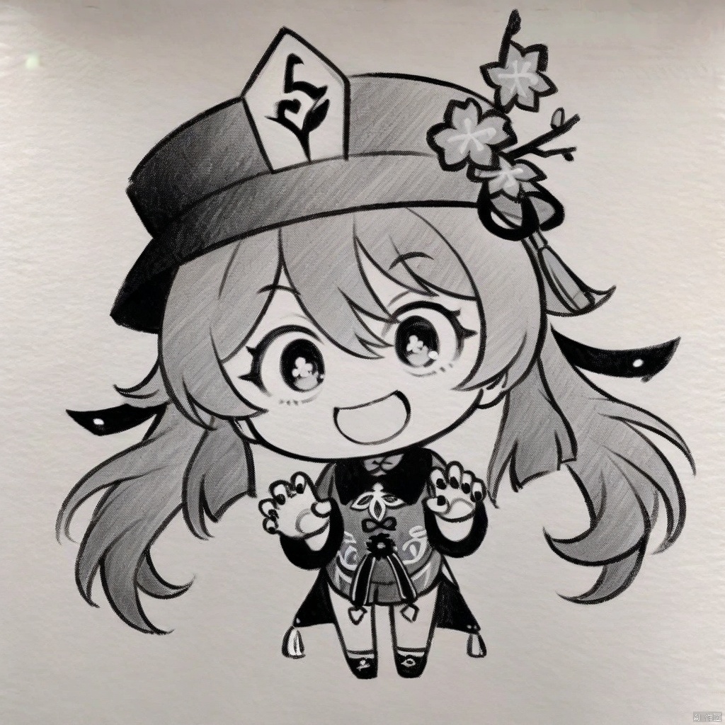  traditional media, monochrome, greyscale,masterpiece, best quality, full shot, chibi, grimaces, emoji, frightening, 1girl, solo, long hair, looking at viewer, smile, open mouth, bangs, simple background, brown hair, long sleeves, hat, hair between eyes, twintails, flower, :d, chibi, nail polish, black eyes, black headwear, chinese clothes, black nails, hat ornament, emphasis lines, hat flower, claw pose, hu tao \(genshin impact\),