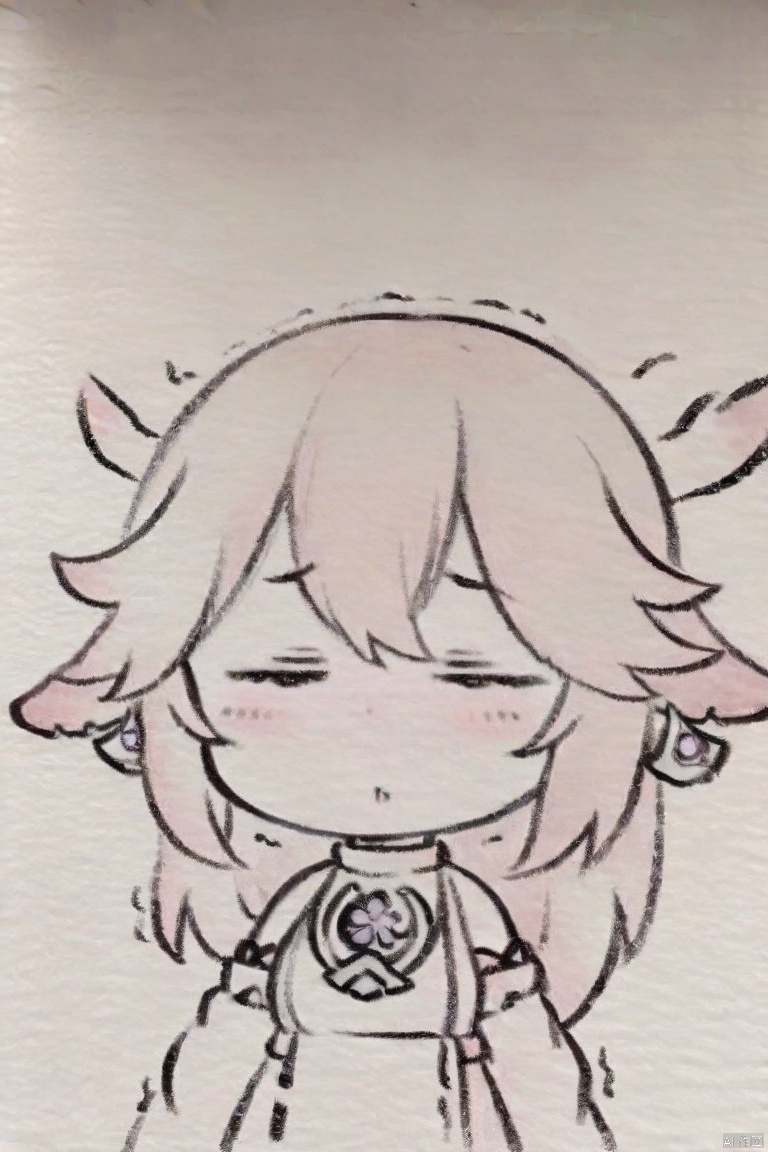 traditional media, monochrome, greyscale,masterpiece, best quality, chibi, 1girl, pink hair, solo, yae miko, yellow background, simple background, portrait, animal ears, trembling, bangs, fox ears, teeth, long hair, hair between eyes, blush, lips
