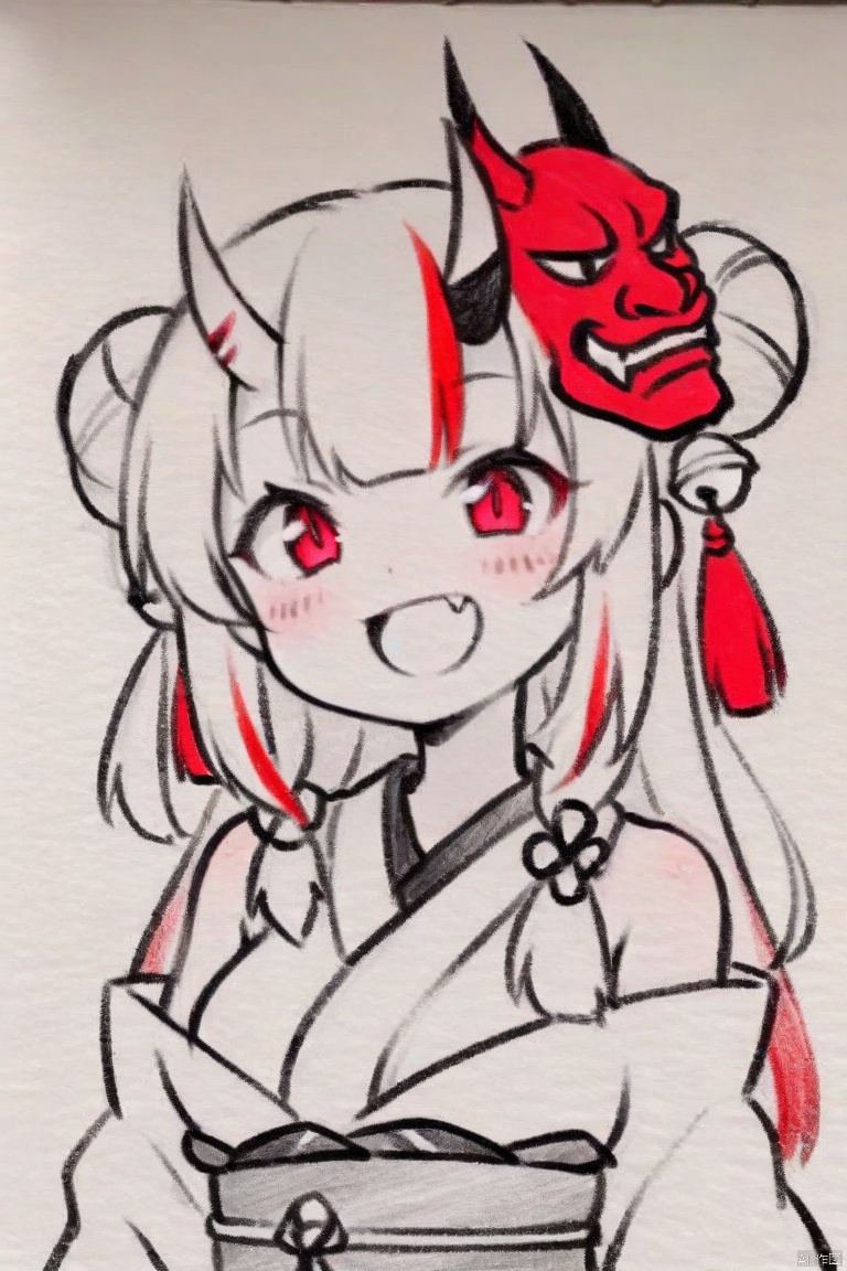  traditional media, monochrome, greyscale,masterpiece, best quality, 1girl,solo,bell,hair bell,virtual youtuber,nakiri ayame,long hair,horns,red eyes,hair ornament,double bun,hair bun,smile,mask,white hair,oni horns,oni mask,upper body,multicolored hair,blush,white background,open mouth,jingle bell,japanese clothes,mask on head,red hair,bare shoulders,kimono,simple background,streaked hair,holding,off shoulder,bangs,:d,tassel,oni,breasts,fang,