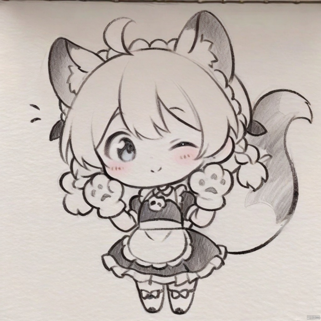  traditional media, monochrome, greyscale,masterpiece, best quality, 1girl,solo,bangs,blush,smile,looking at viewer,ahoge,animal ear fluff,animal ears,animal hands,apron,blonde hair,blue eyes,braid,chibi,closed mouth,dog ears,dog tail,dress,enmaided,frilled apron,frilled dress,frills,gloves,hair between eyes,hands up,long hair,maid,maid apron,maid headdress,one eye closed,puffy short sleeves,puffy sleeves,short sleeves,tail,teeth,waist apron,white apron,white gloves