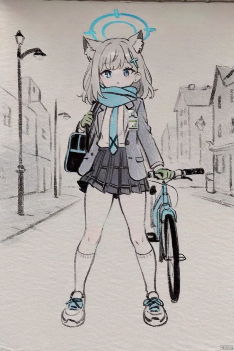 traditional media, monochrome, greyscale,masterpiece, best quality, 1girl, (bicycle), shiroko \(blue archive\), animal ears, skirt, solo, scarf, ground vehicle, white shirt, shirt, single glove, jacket, plaid skirt, hair ornament, looking at viewer, halo, blue scarf, animal ear fluff, outdoors, bag, plaid, school uniform, blue eyes, open jacket, building, open clothes, socks, grey hair, long sleeves, gloves, cross hair ornament, assault rifle, shoes, open mouth, pleated skirt, necktie, city, white socks, sneakers, bangs, blue necktie, blazer, lamppost, mismatched pupils, id card, sig sauer, medium hair, rifle, kneehighs, extra ears, school bag, cat ears, striped scarf, blue jacket, green gloves, striped, thighs