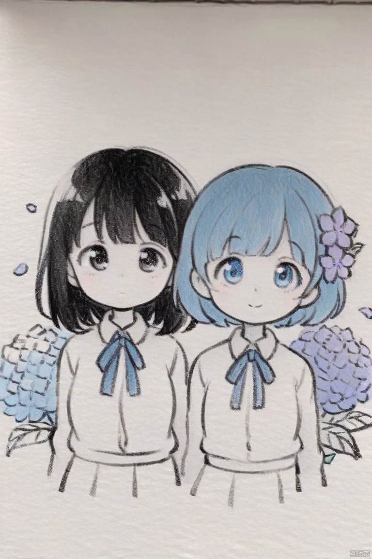traditional media, monochrome, greyscale,masterpiece, best quality, flower, 2girls, short hair, multiple girls, shirt, blue eyes, blue hair, white shirt, blue flower, blue theme, ribbon, looking at viewer, hydrangea, white background, skirt, collared shirt, school uniform, closed mouth, blue ribbon, neck ribbon, blue skirt, bangs, hair flower, black hair, purple flower, petals, simple background, upper body, smile, pleated skirt, hair ornament