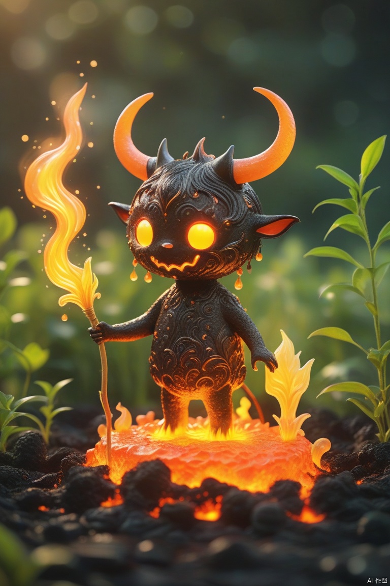  Best quality, very good, 16 thousand, ridiculous, extremely detailed, cute round slime demon with horns made of translucent boiling lava, background grassland ((masterpiece full of fantasy elements))), ((most good quality)), ((intricate details)) (8k)