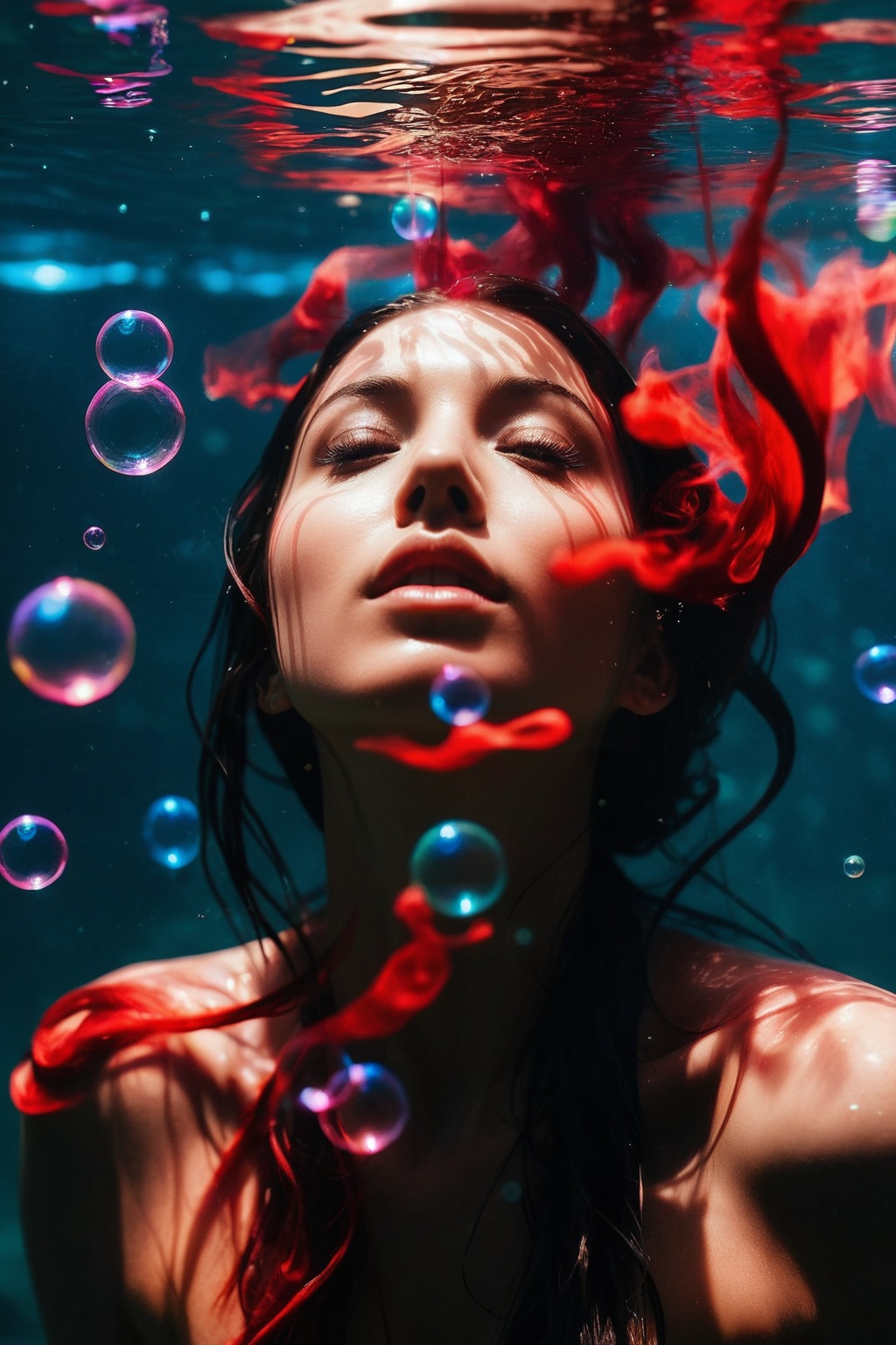 a portrait of a women submerged,  with streams of red and black ink swirling around them,  resembling billowing smoke unde...