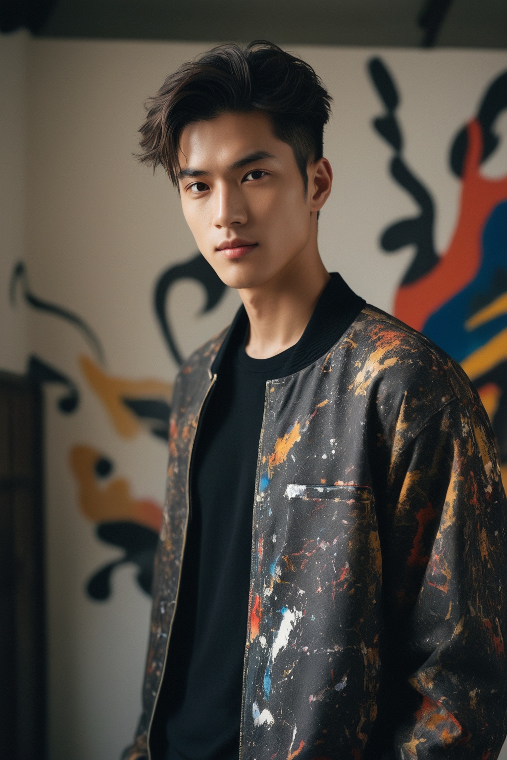 Hasselblad photo portrait of a handsome and mysterious Tokyo young male model,  wearing urban clothes inspired by Jackson...