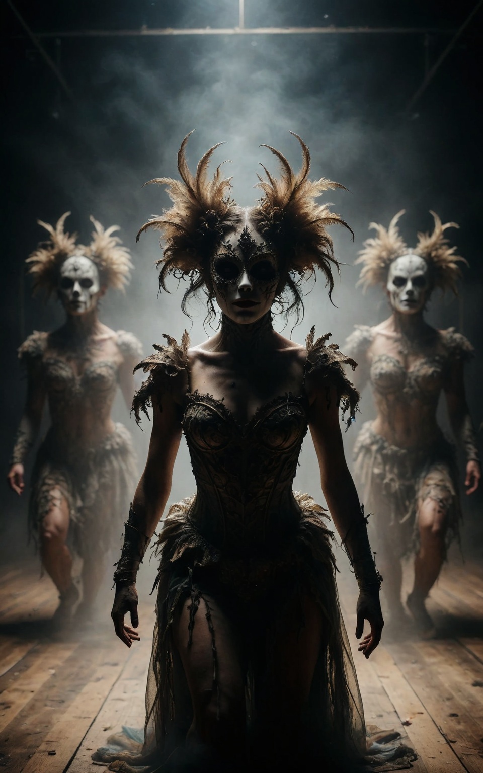 A performance art piece featuring a troupe of avant-garde dancers clad in elaborate costumes and masks,  moving in synchro...