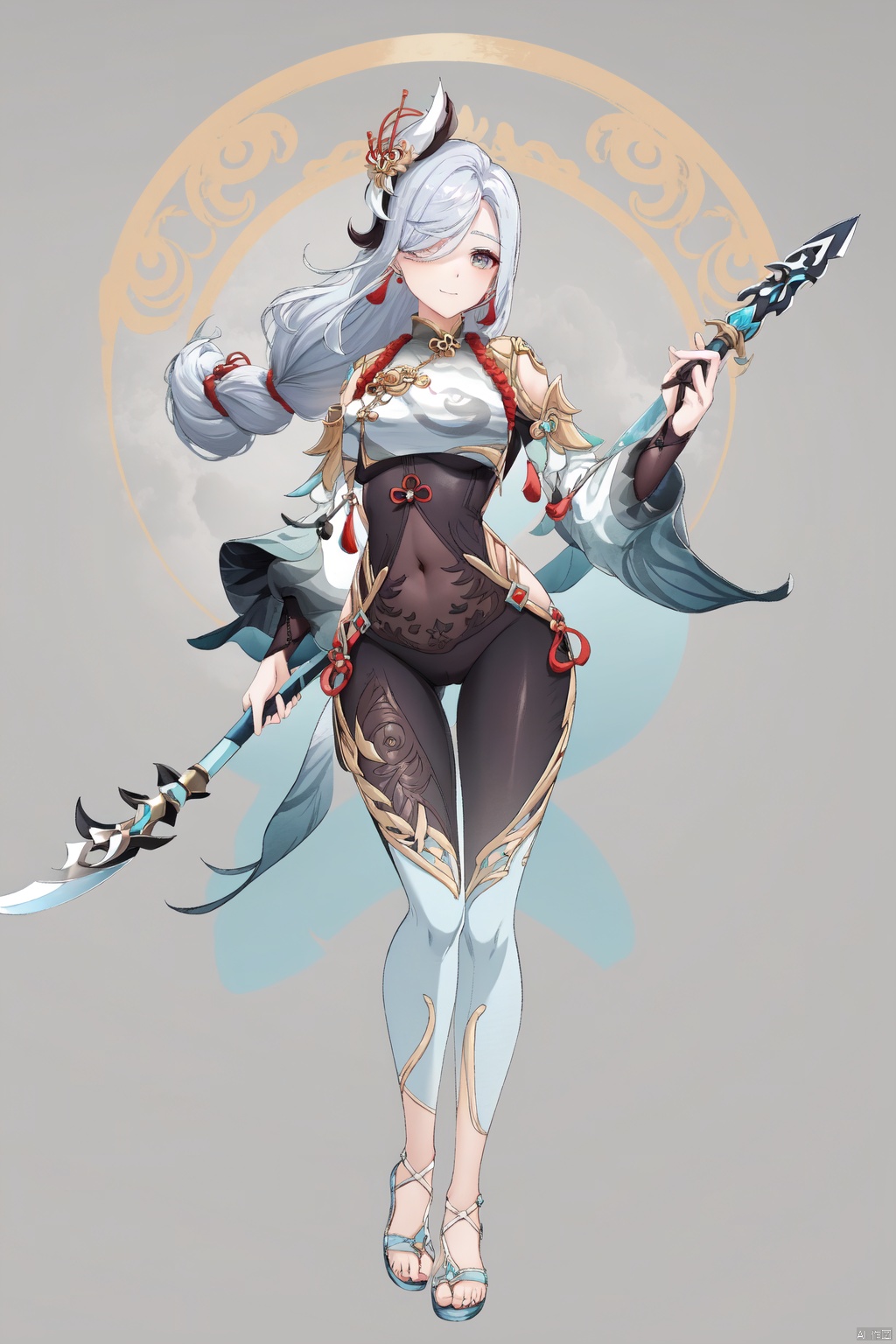 shenhe, 1girl, shenhe \(genshin impact\), weapon, hair over one eye, solo, long hair, bodysuit, braid, polearm, hip vent, full body, breasts, breast curtain, hair ornament, jewelry, earrings, holding, holding weapon, gloves, tassel, clothing cutout, toenails, grey hair, chinese clothes, white hair, looking at viewer, braided ponytail, tassel earrings, holding polearm, bangs, covered navel, closed mouth
, shenhe
