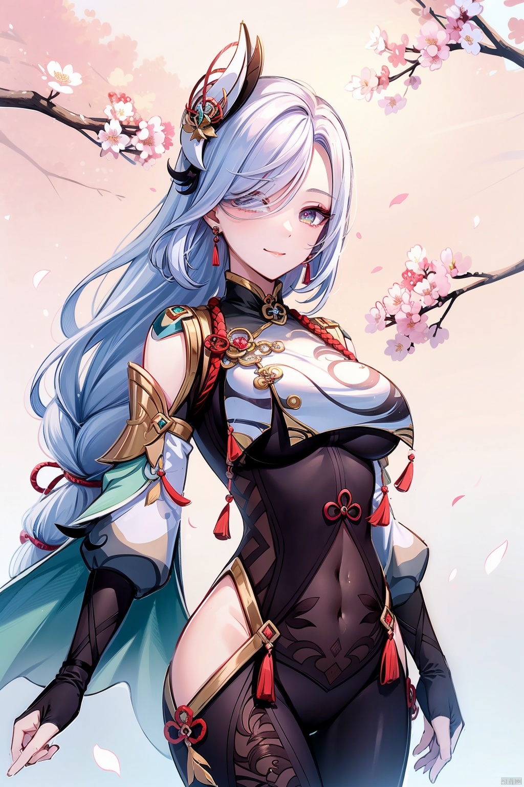 shenhe, 1girl, shenhe \(genshin impact\), solo, hair over one eye, hair ornament, long hair, breasts, looking at viewer, covered navel, breast curtain, blue eyes, bodysuit, hip vent, clothing cutout, gloves, cherry blossoms, smile, large breasts, shoulder cutout, flower, white hair, snowflakes, tassel, bangs, jewelry, braided ponytail, earrings, braid, holding, closed mouth, petals, black bodysuit, cowboy shot, black gloves, gold trim
