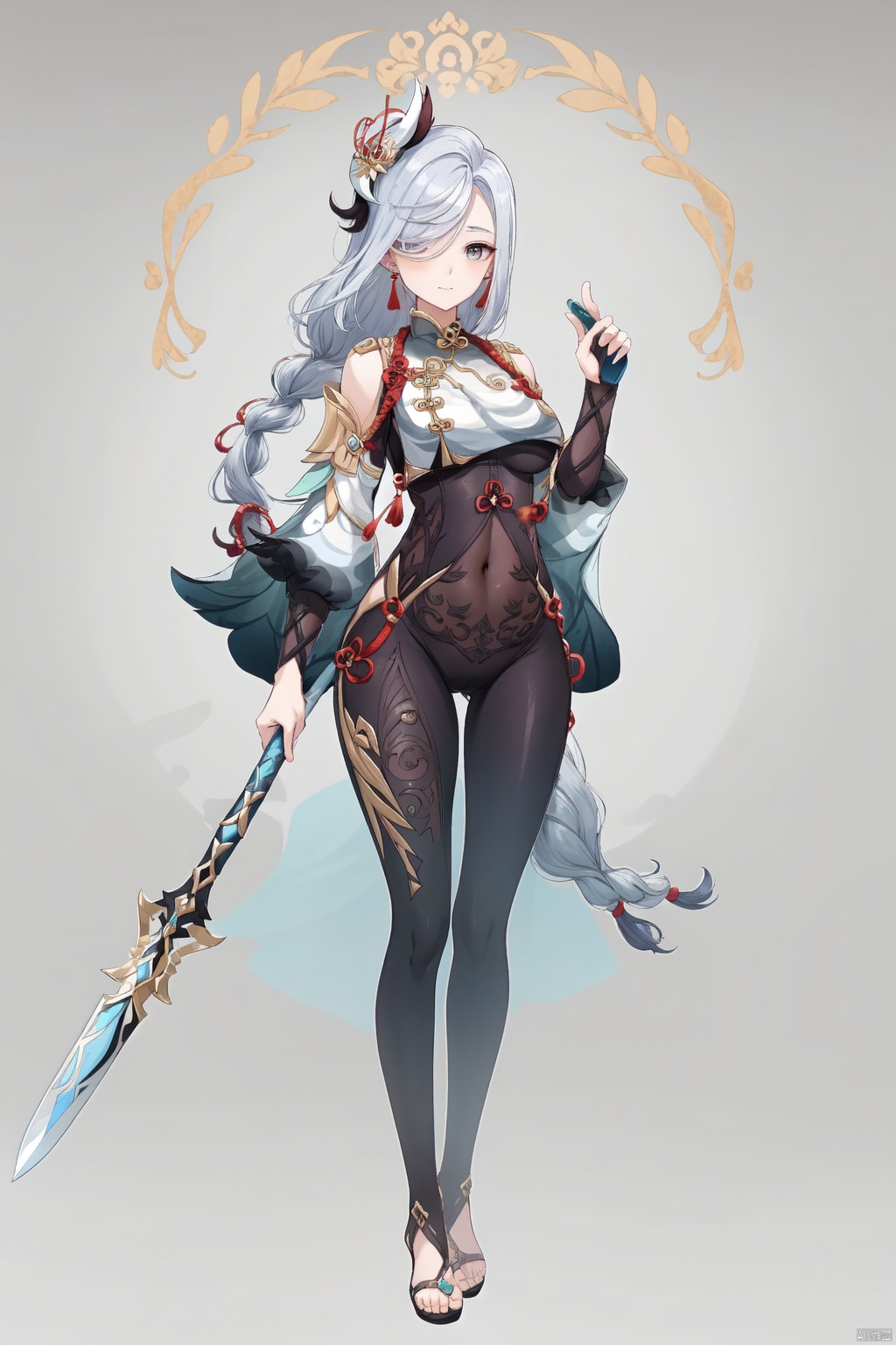 shenhe, 1girl, shenhe \(genshin impact\), weapon, hair over one eye, solo, long hair, bodysuit, braid, polearm, hip vent, full body, breasts, breast curtain, hair ornament, jewelry, earrings, holding, holding weapon, gloves, tassel, clothing cutout, toenails, grey hair, chinese clothes, white hair, looking at viewer, braided ponytail, tassel earrings, holding polearm, bangs, covered navel, closed mouth
, shenhe