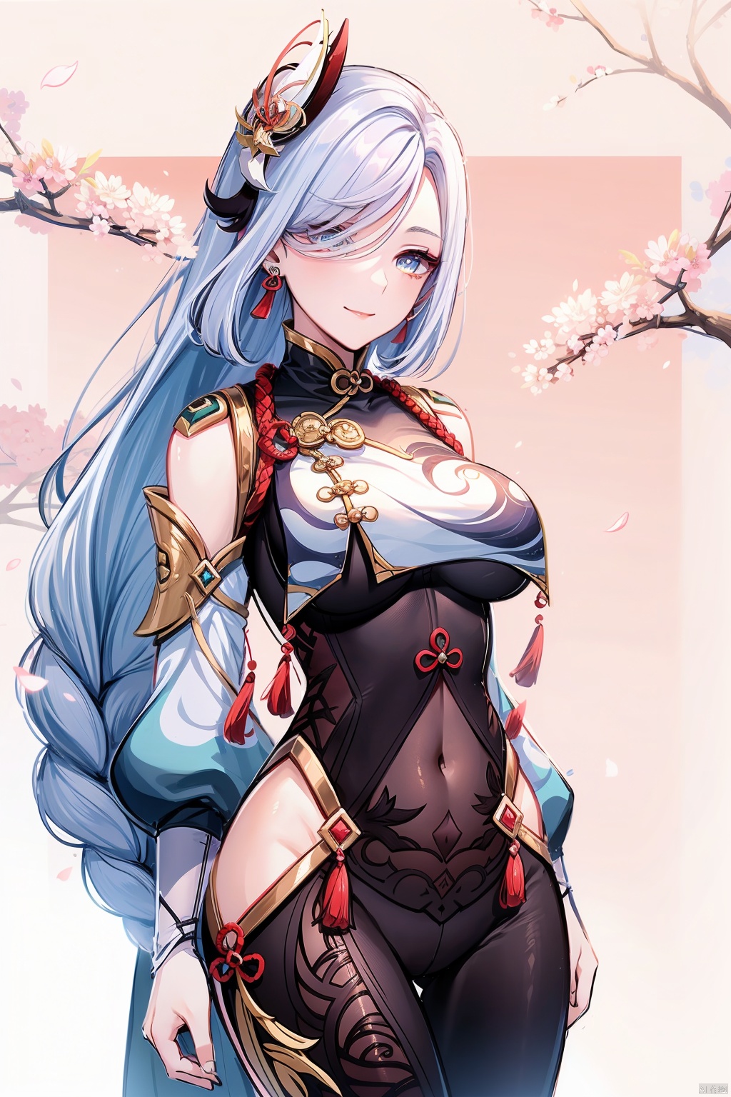 shenhe, 1girl, shenhe \(genshin impact\), solo, hair over one eye, hair ornament, long hair, breasts, looking at viewer, covered navel, breast curtain, blue eyes, bodysuit, hip vent, clothing cutout, gloves, cherry blossoms, smile, large breasts, shoulder cutout, flower, white hair, snowflakes, tassel, bangs, jewelry, braided ponytail, earrings, braid, holding, closed mouth, petals, black bodysuit, cowboy shot, black gloves, gold trim
