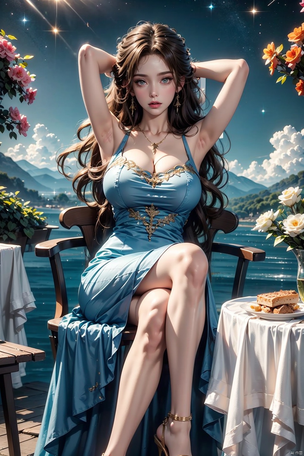  masterpiece,best quality,extremely high detailed,intricate,8k,HDR,wallpaper,cinematic lighting,(universe:1.4),Huge chest, 1girl, solo, breasts, looking at viewer, brown hair, dress, cleavage, sitting, outdoors, food, sky, day, cloud, armpits, high heels, arms up, cup, chair, sandals, table, crossed legs, scenery, plate, blue dress, mountain, tablecloth
