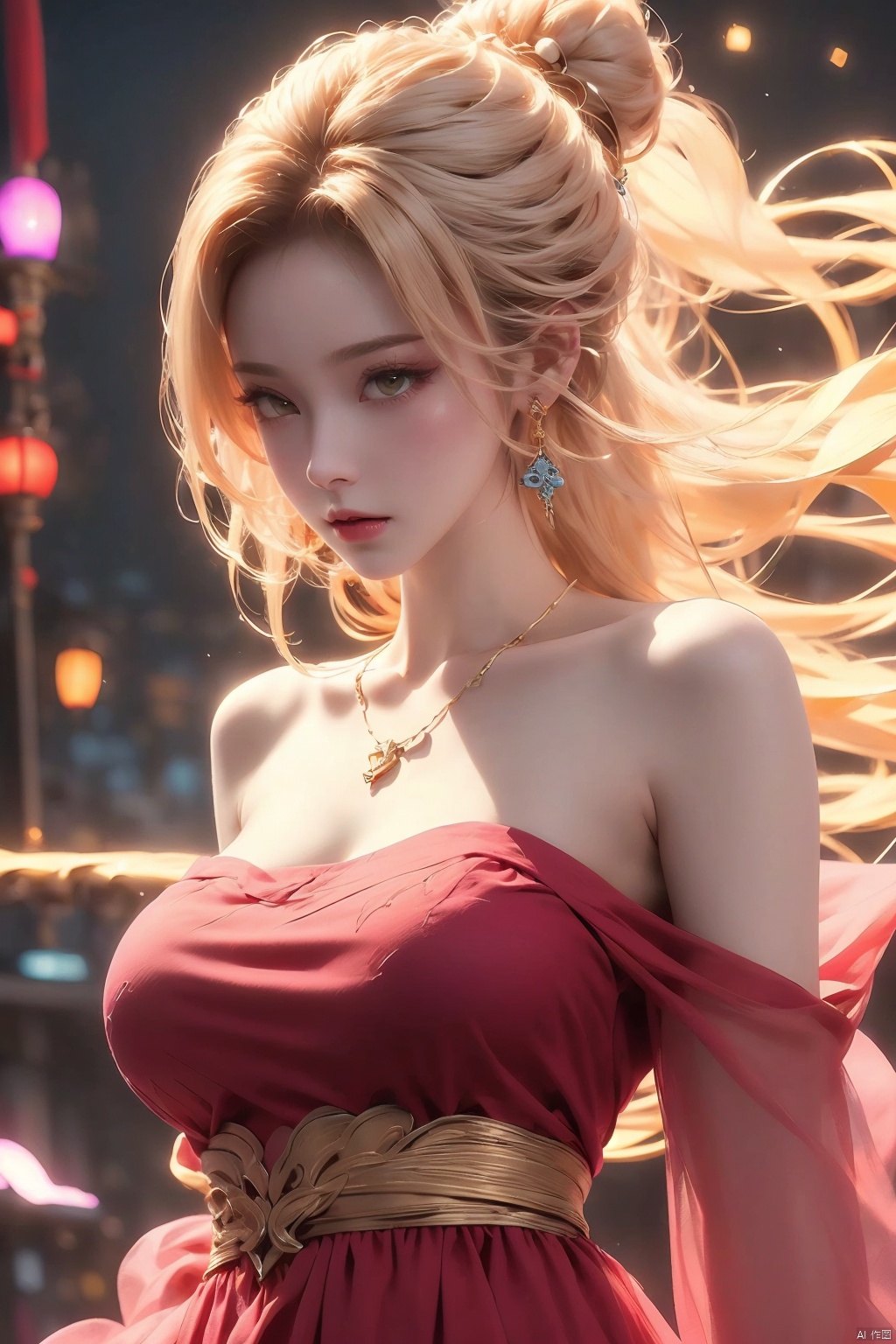  1girl,Bangs, off shoulder, colorful_hair, ((colorful hair)),golden dress, yellow eyes, chest, necklace, pink dress, earrings, floating hair, jewelry, sleeveless, very long hair,Looking at the observer, parted lips, pierced,energy,electricity,magic,tifa,sssr,blonde hair,jujingyi, wangyushan, dofas, forehead mark, (\yan yu\), qingyi