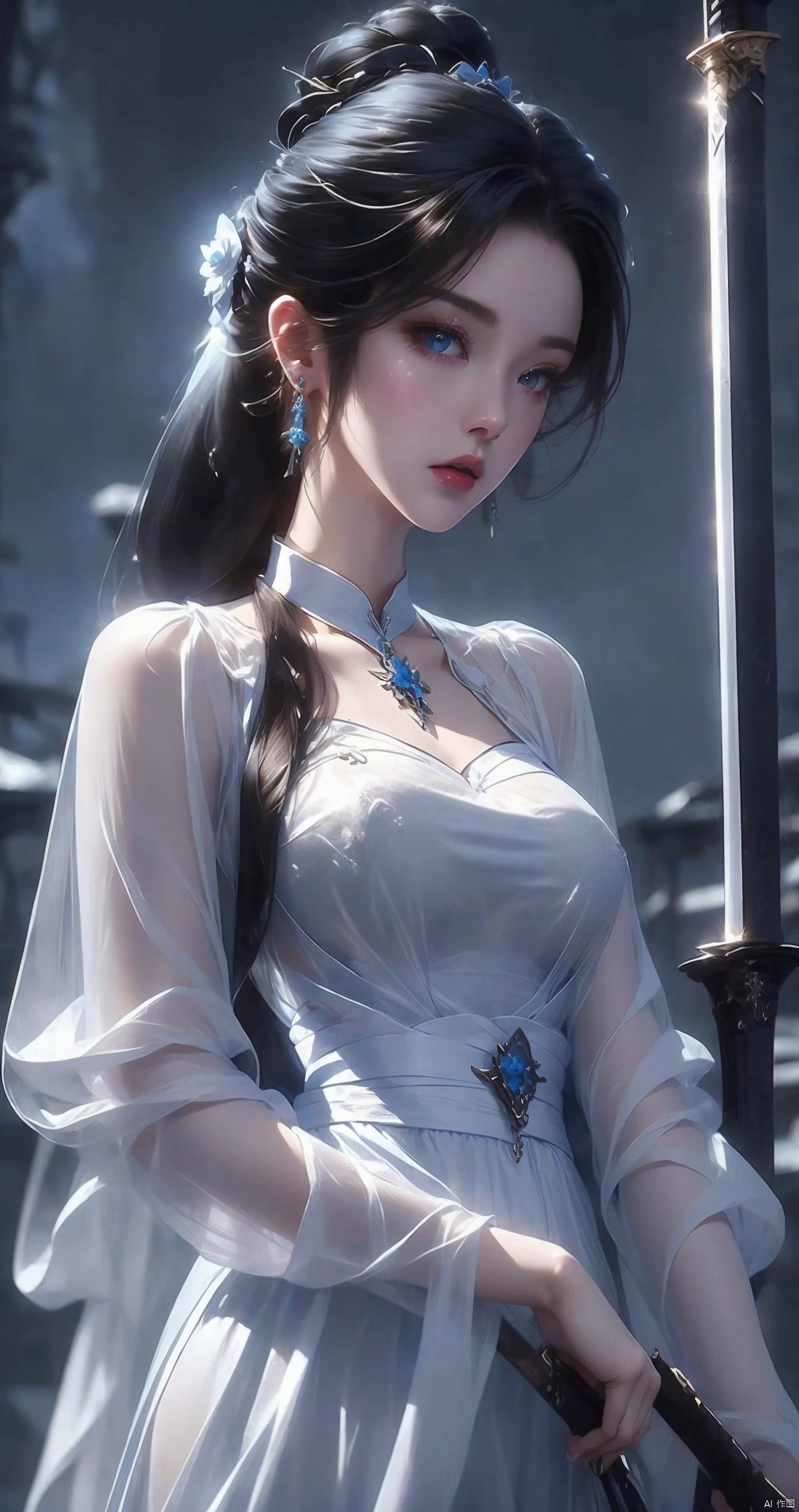  qingyi,1girl, solo, long hair, looking at viewer, blue eyes, black hair, hair ornament, dress, holding, weapon, sword, water, hair bun, holding weapon, white dress, see-through, expressionless, holding sword, single hair bun, blue theme