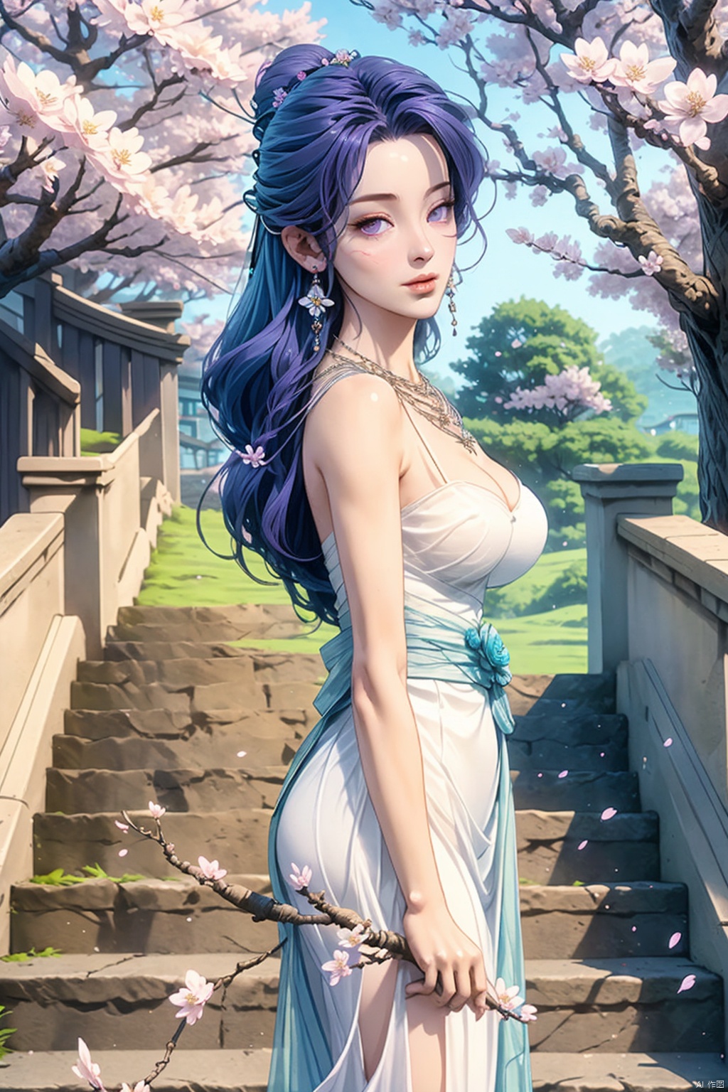 1girl, solo, long hair, breasts, looking at viewer, dress, cleavage, jewelry, medium breasts, standing, purple eyes, purple hair, flower, earrings, outdoors, necklace, white dress, blurry, from side, tree, see-through, facial mark, cherry blossoms, stairs, forehead mark, skirt hold, branch, qingyi