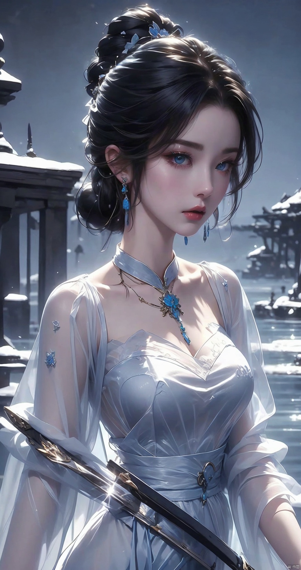  qingyi,1girl, solo, long hair, looking at viewer, blue eyes, black hair, hair ornament, dress, holding, weapon, sword, water, hair bun, holding weapon, white dress, see-through, expressionless, holding sword, single hair bun, blue theme