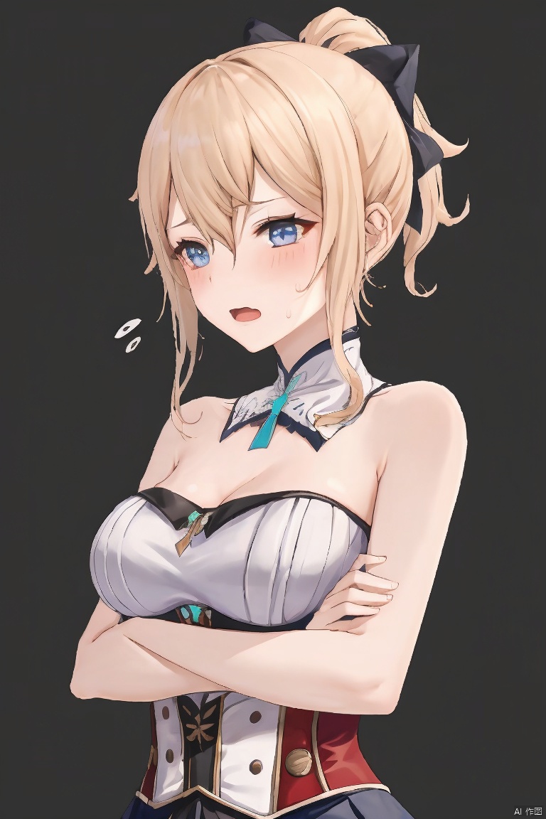 jean, 1girl, jean \(genshin impact\), solo, breasts, blonde hair, blue eyes, ponytail, bare shoulders, blush, strapless, open mouth, looking at viewer, index fingers together, corset, hair bow, long hair, @_@, hair between eyes, cleavage, detached collar, bow, bangs, bare arms, medium breasts, simple background, upper body, flying sweatdrops