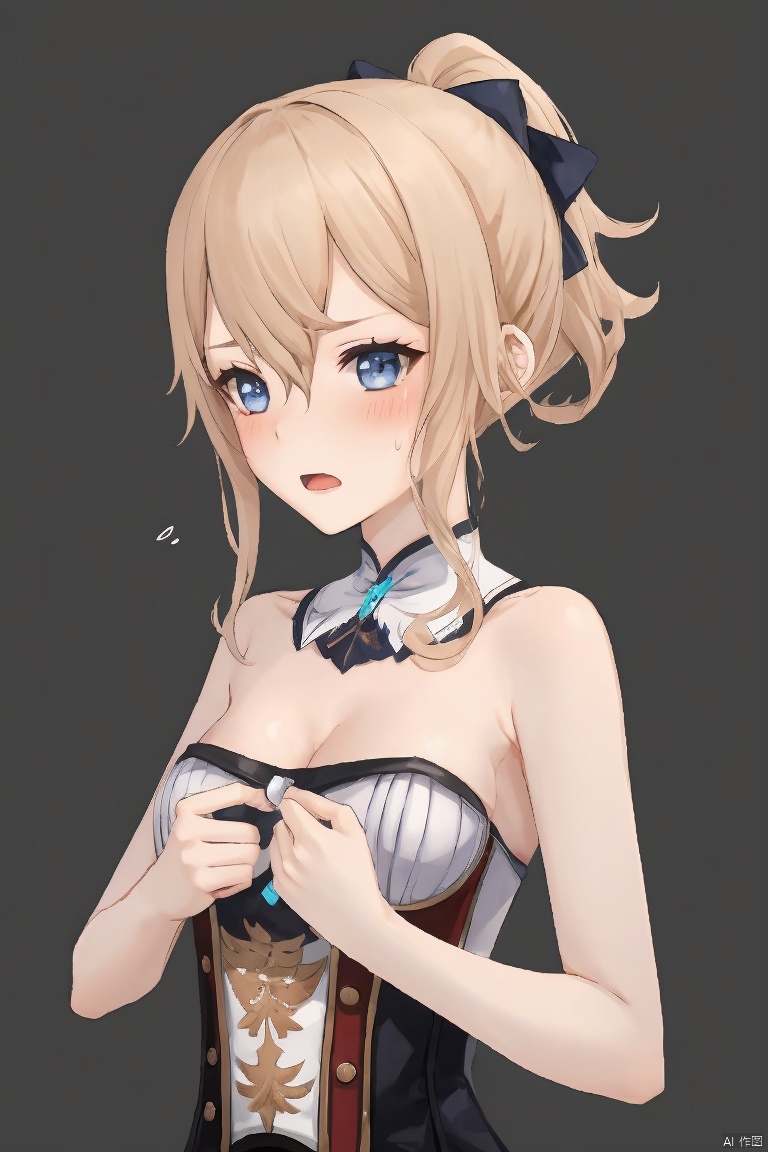 jean, 1girl, jean \(genshin impact\), solo, breasts, blonde hair, blue eyes, ponytail, bare shoulders, blush, strapless, open mouth, looking at viewer, index fingers together, corset, hair bow, long hair, @_@, hair between eyes, cleavage, detached collar, bow, bangs, bare arms, medium breasts, simple background, upper body, flying sweatdrops