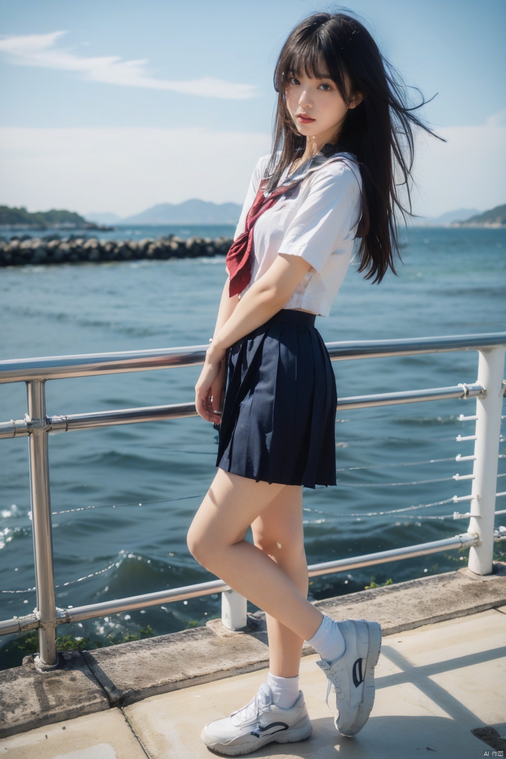 2girls,arms_at_sides,beach,black_hair,day,full_body,horizon,lips,long_hair,looking_at_viewer,multiple_girls,ocean,outdoors,pleated_skirt,pool,realistic,school_uniform,serafuku,shoes,shore,short_sleeves,skirt,sneakers,standing,water,white_footwear, jk-uniform, 1girl