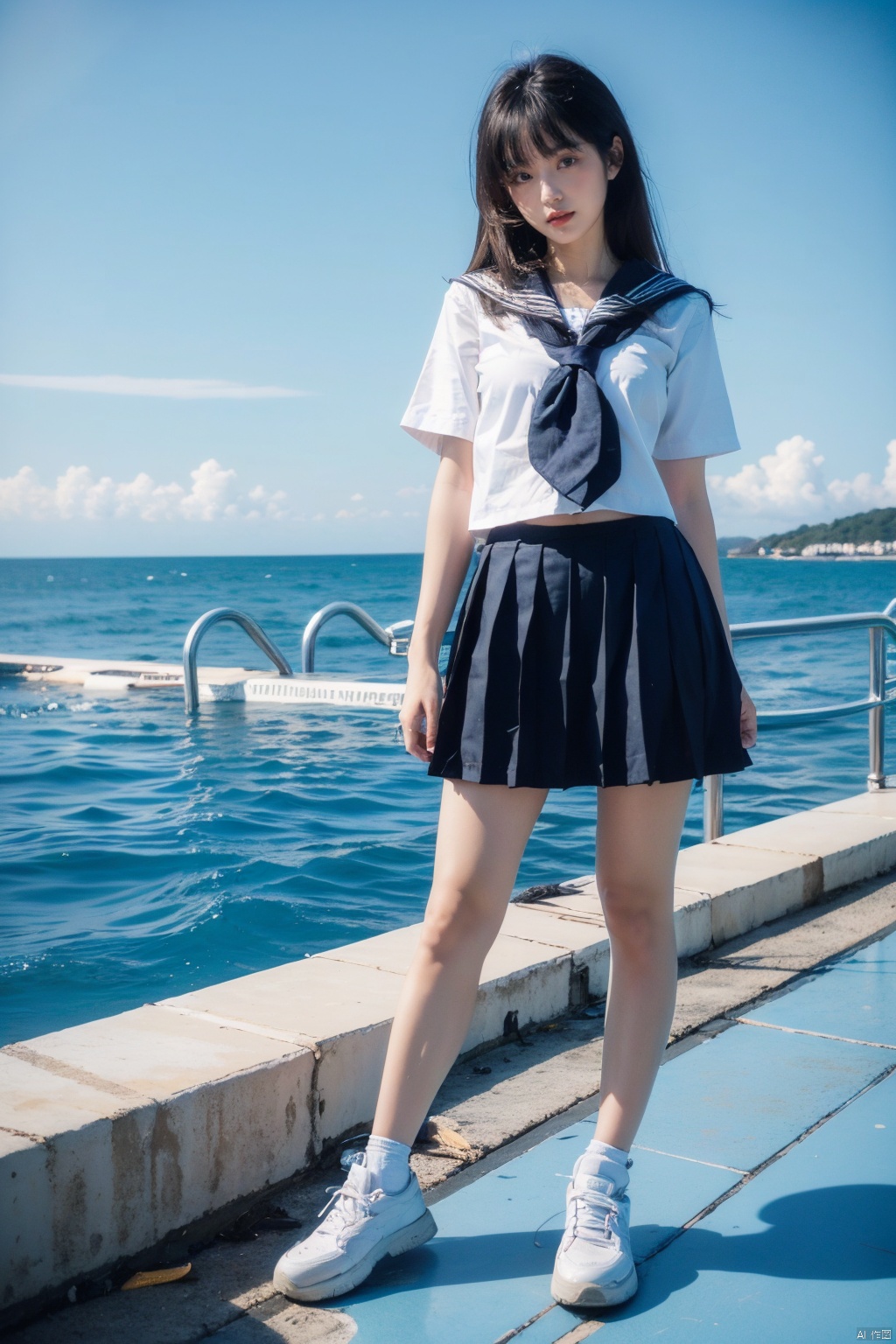 2girls,arms_at_sides,beach,black_hair,day,full_body,horizon,lips,long_hair,looking_at_viewer,multiple_girls,ocean,outdoors,pleated_skirt,pool,realistic,school_uniform,serafuku,shoes,shore,short_sleeves,skirt,sneakers,standing,water,white_footwear, jk-uniform, 1girl