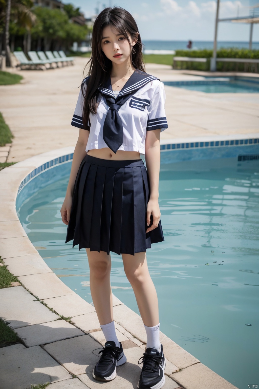 2girls,arms_at_sides,beach,black_hair,day,full_body,horizon,lips,long_hair,looking_at_viewer,multiple_girls,ocean,outdoors,pleated_skirt,pool,realistic,school_uniform,serafuku,shoes,shore,short_sleeves,skirt,sneakers,standing,water,white_footwear, jk-uniform