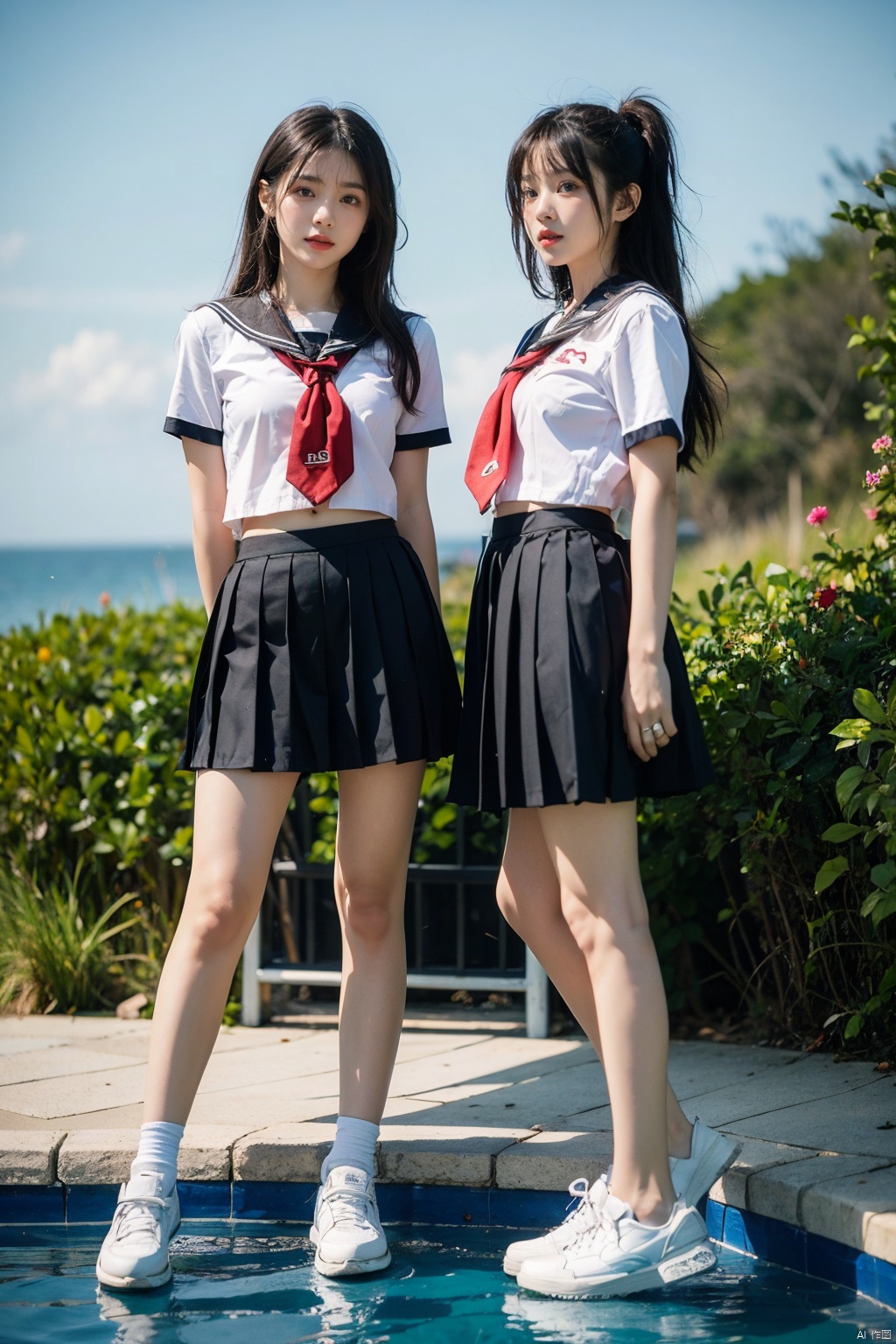 2girls,arms_at_sides,beach,black_hair,day,full_body,horizon,lips,long_hair,looking_at_viewer,multiple_girls,ocean,outdoors,pleated_skirt,pool,realistic,school_uniform,serafuku,shoes,shore,short_sleeves,skirt,sneakers,standing,water,white_footwear, jk-uniform