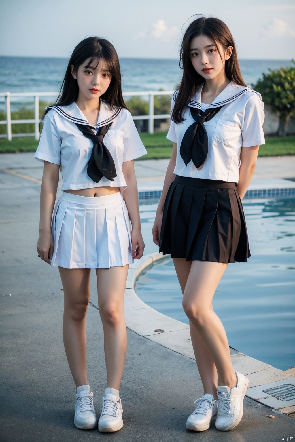 2girls,arms_at_sides,beach,black_hair,day,full_body,horizon,lips,long_hair,looking_at_viewer,multiple_girls,ocean,outdoors,pleated_skirt,pool,realistic,school_uniform,serafuku,shoes,shore,short_sleeves,skirt,sneakers,standing,water,white_footwear, jk-uniform