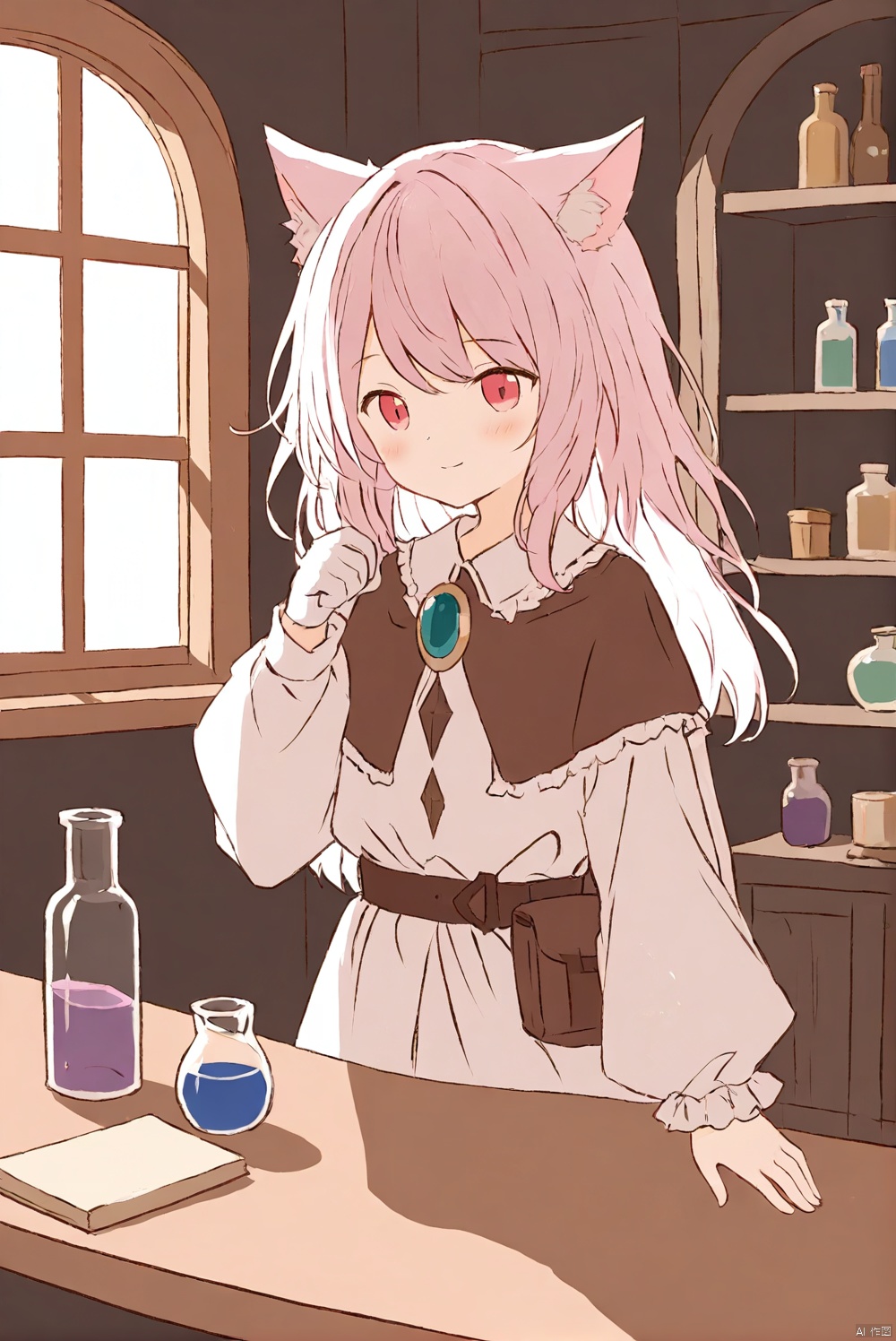 loli,sketch, traditional_media, 1girl, solo, red eyes, cat ears, {white hair}, pink gradient hair, {long hair}, swept bangs, frilled shirt, brown capelet, long sleeves, pouch, belt, cyan brooch, white gloves, light smile, upper body, close-up, gothic architecture, sunlight, workshop, shelf, potion, window, alchemic magician, adventurequest worlds, holding flask, hand up, {looking at object}, masterpiece,bestquality, line art,