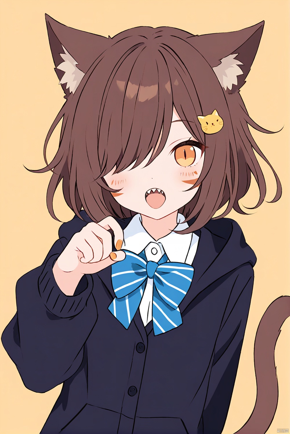 1girl,solo, animal ears, bow, teeth, jacket, tail, open mouth, brown hair, orange background, bowtie, orange nails, simple background, cat ears, orange eyes, blue bow, animal ear fluff, cat tail, looking at viewer, upper body, shirt, school uniform, hood, striped bow, striped, white shirt, black jacket, blue bowtie, fingernails, long sleeves, cat girl, bangs, fangs, collared shirt, striped bowtie, short hair, tongue, hoodie, sharp teeth, facial mark, claw pose, hooded jacket, blue hoodie, yellow background, hair ornament, paw ornament, tail raised, dress shirt, hairpin, slit pupils, hair over one eye, arm behind back, striped clothes, whisker markings, hand up
